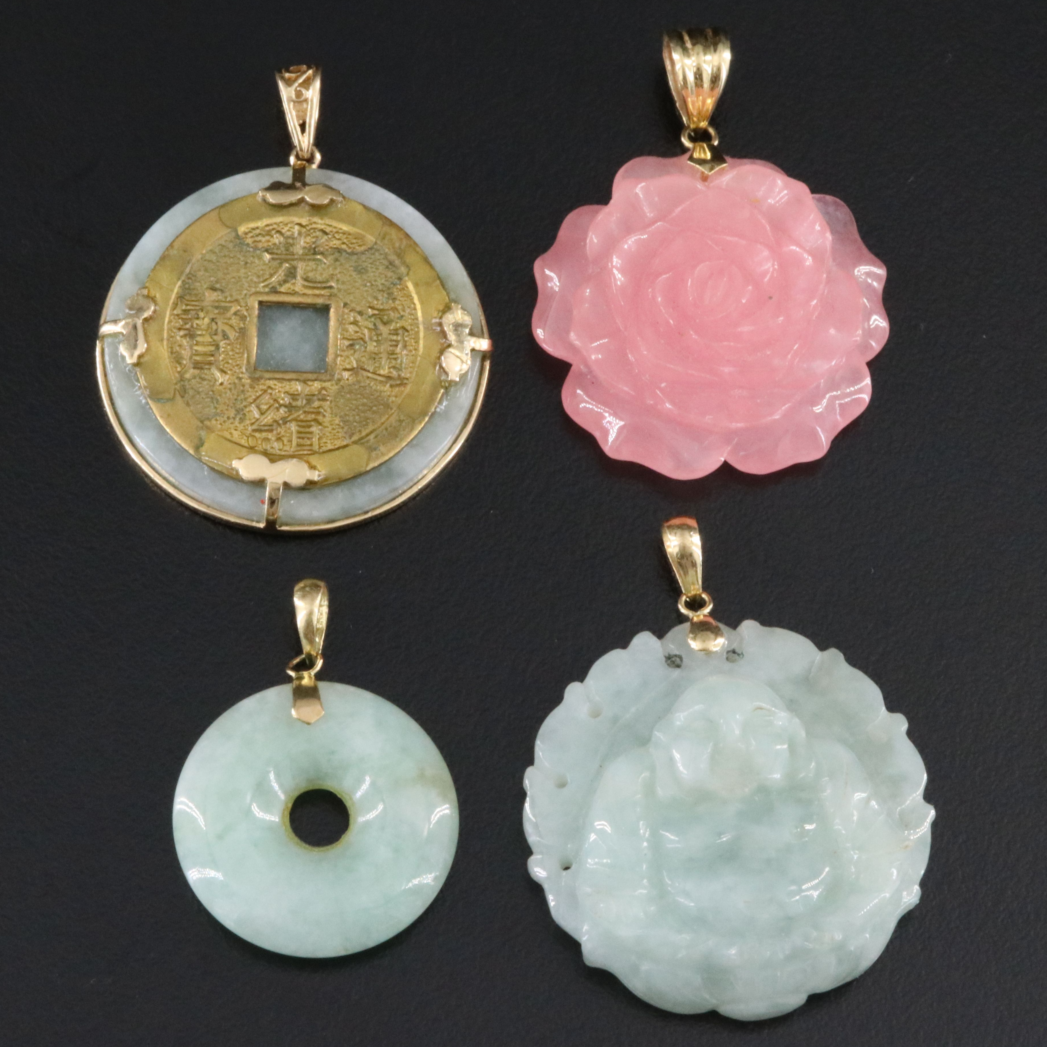 14K Carved Jadeite Buddha, Flowers and Bi Pendants