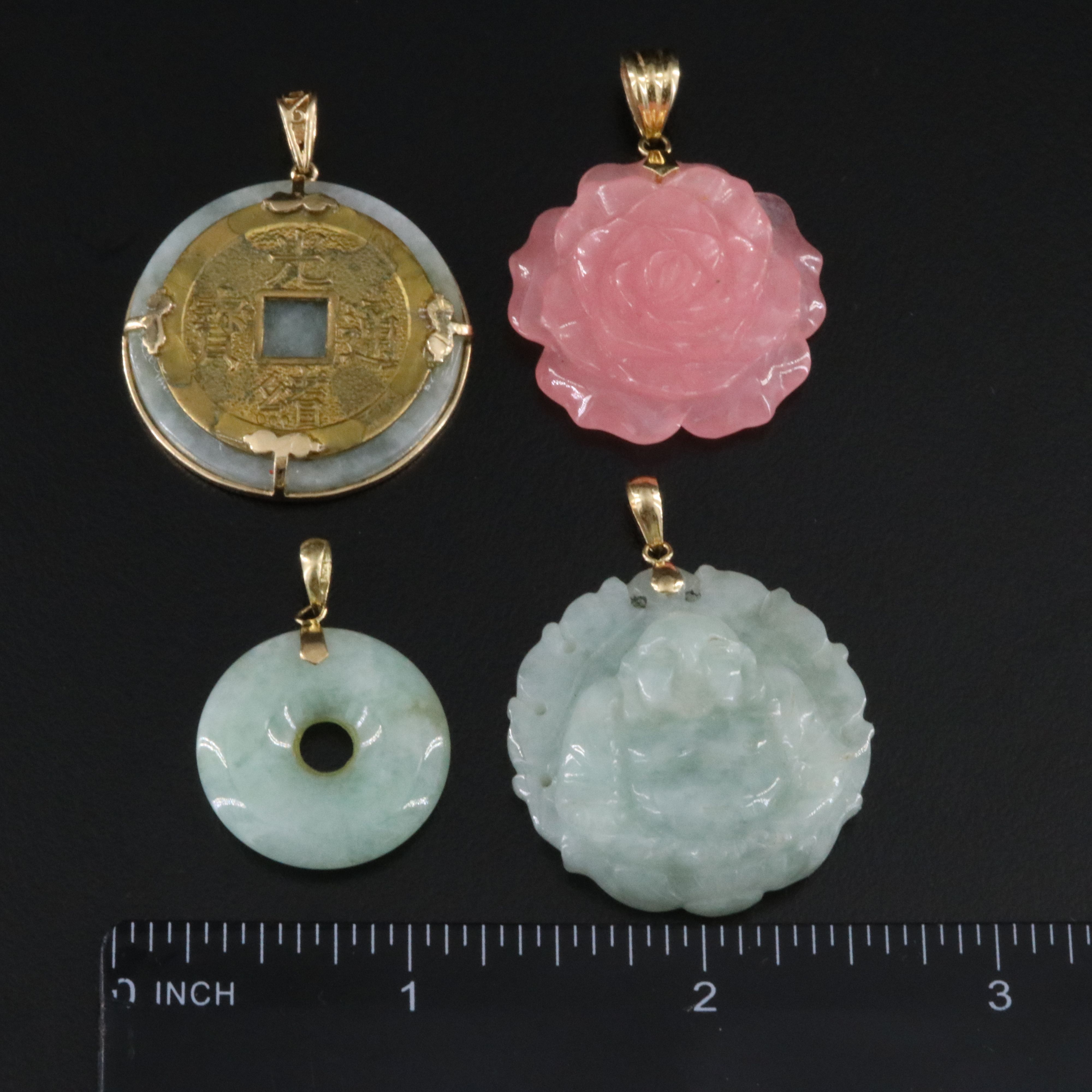14K Carved Jadeite Buddha, Flowers and Bi Pendants