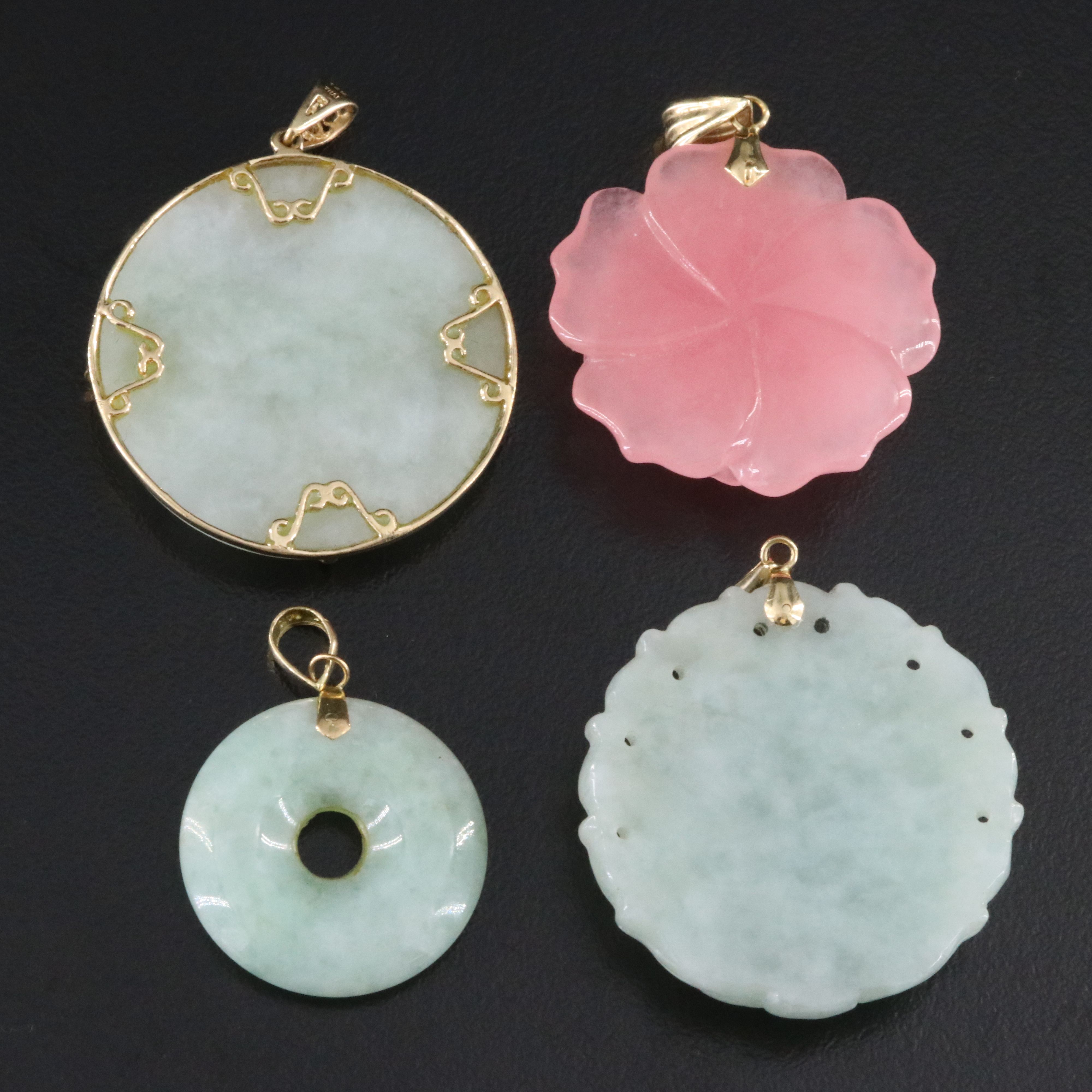 14K Carved Jadeite Buddha, Flowers and Bi Pendants