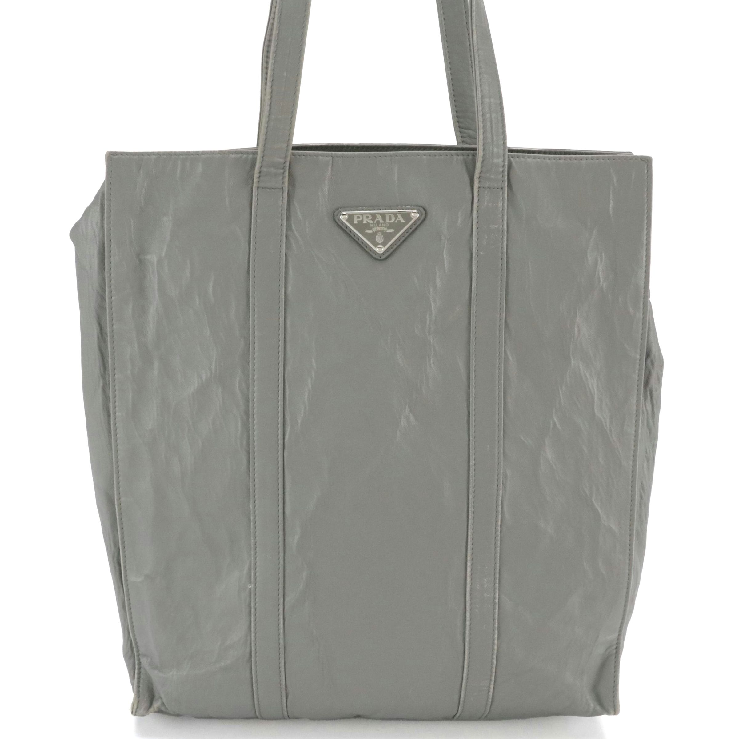 Prada Grey Crinkled Lambskin Leather Shoulder Tote