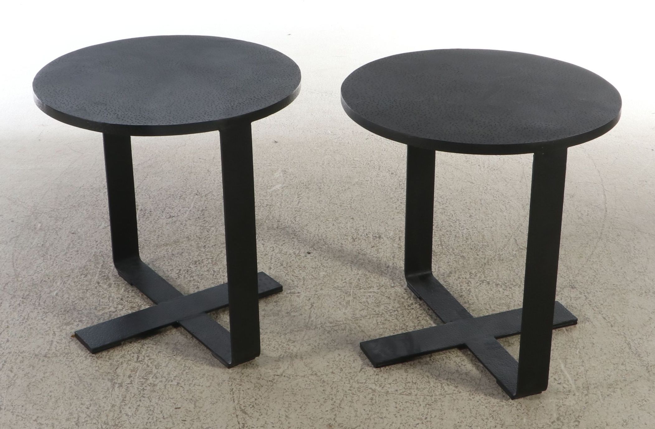 Pair of Contemporary Iron End Tables with Pitted Finish