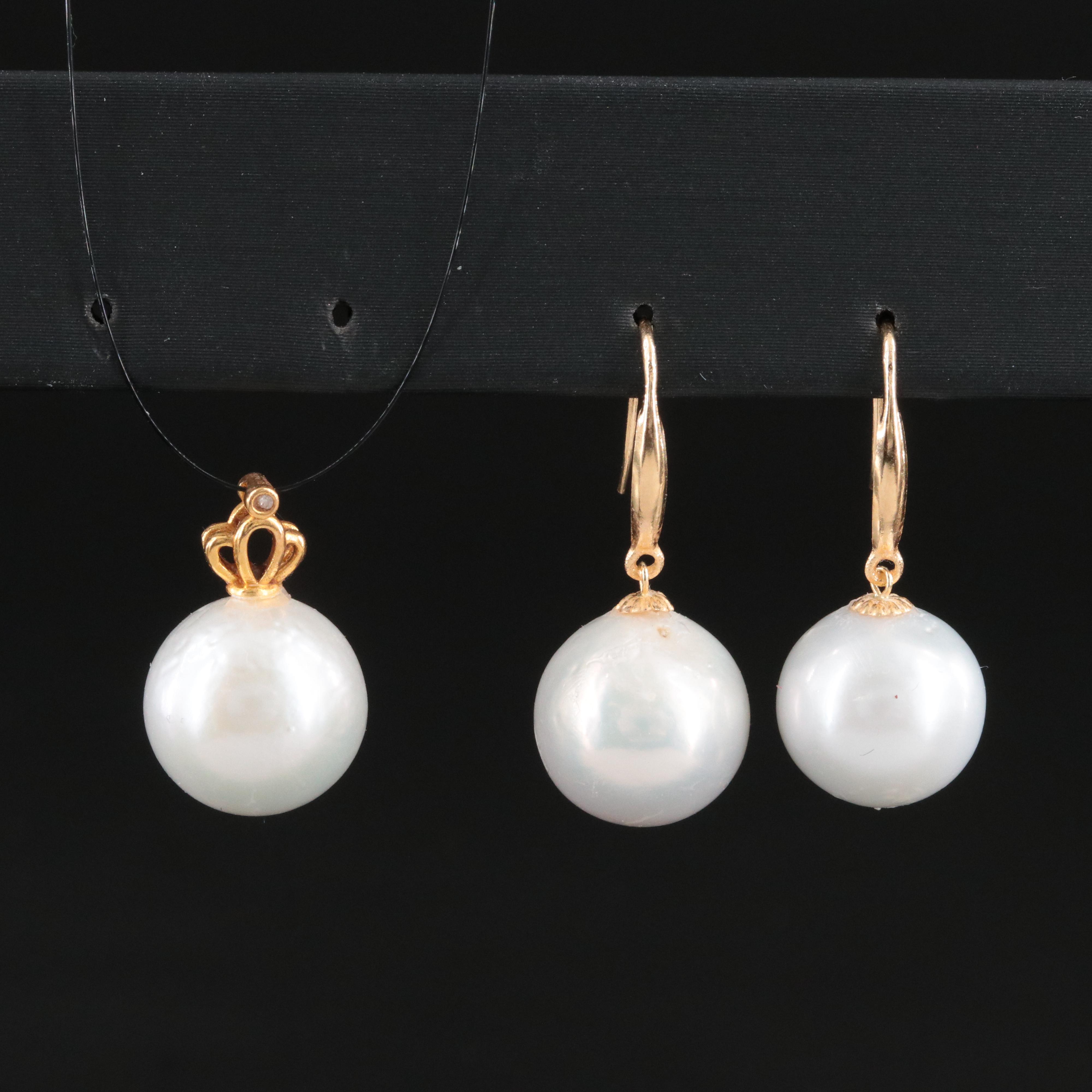 18K Pearl Drop Earrings and Pearl and Diamond Pendant