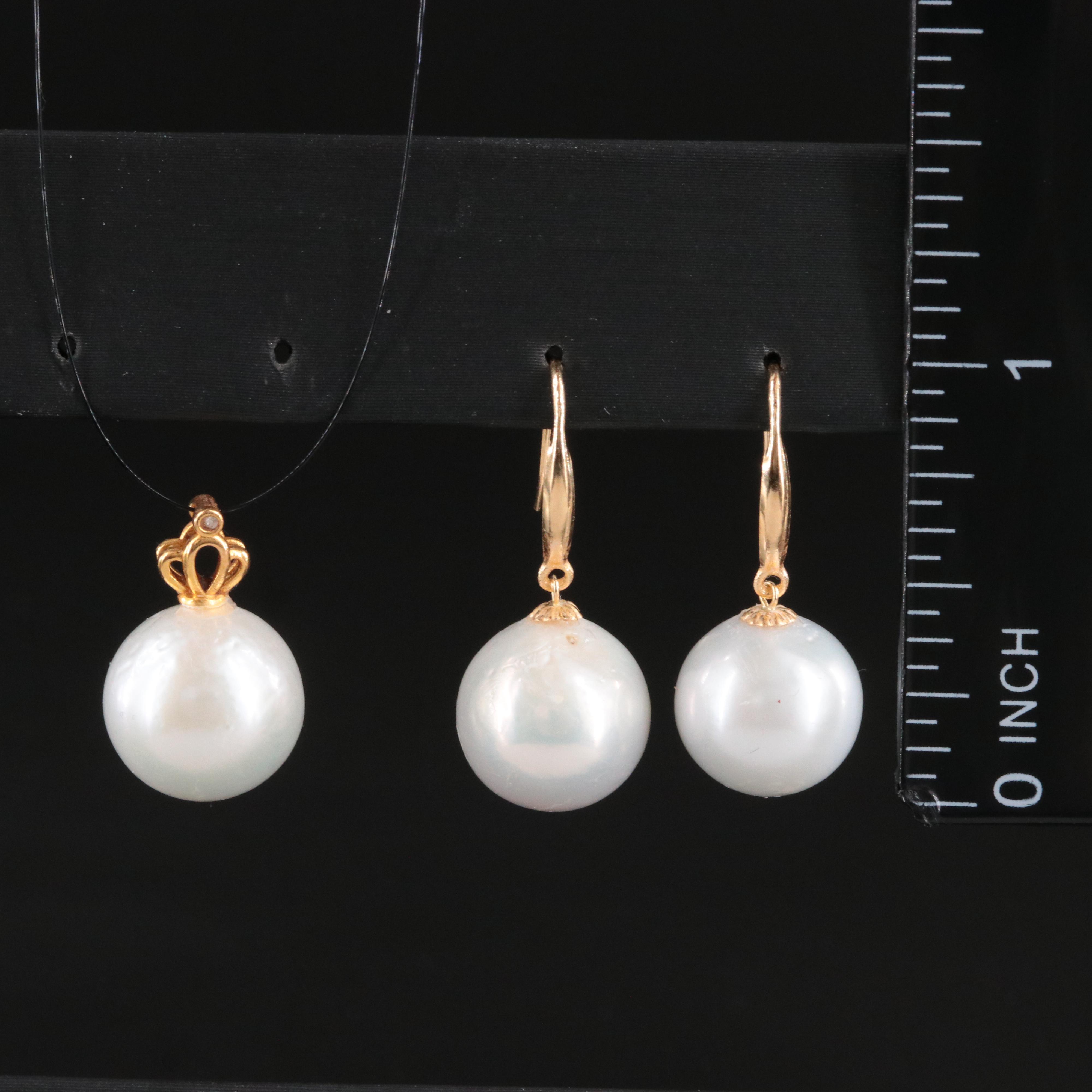 18K Pearl Drop Earrings and Pearl and Diamond Pendant