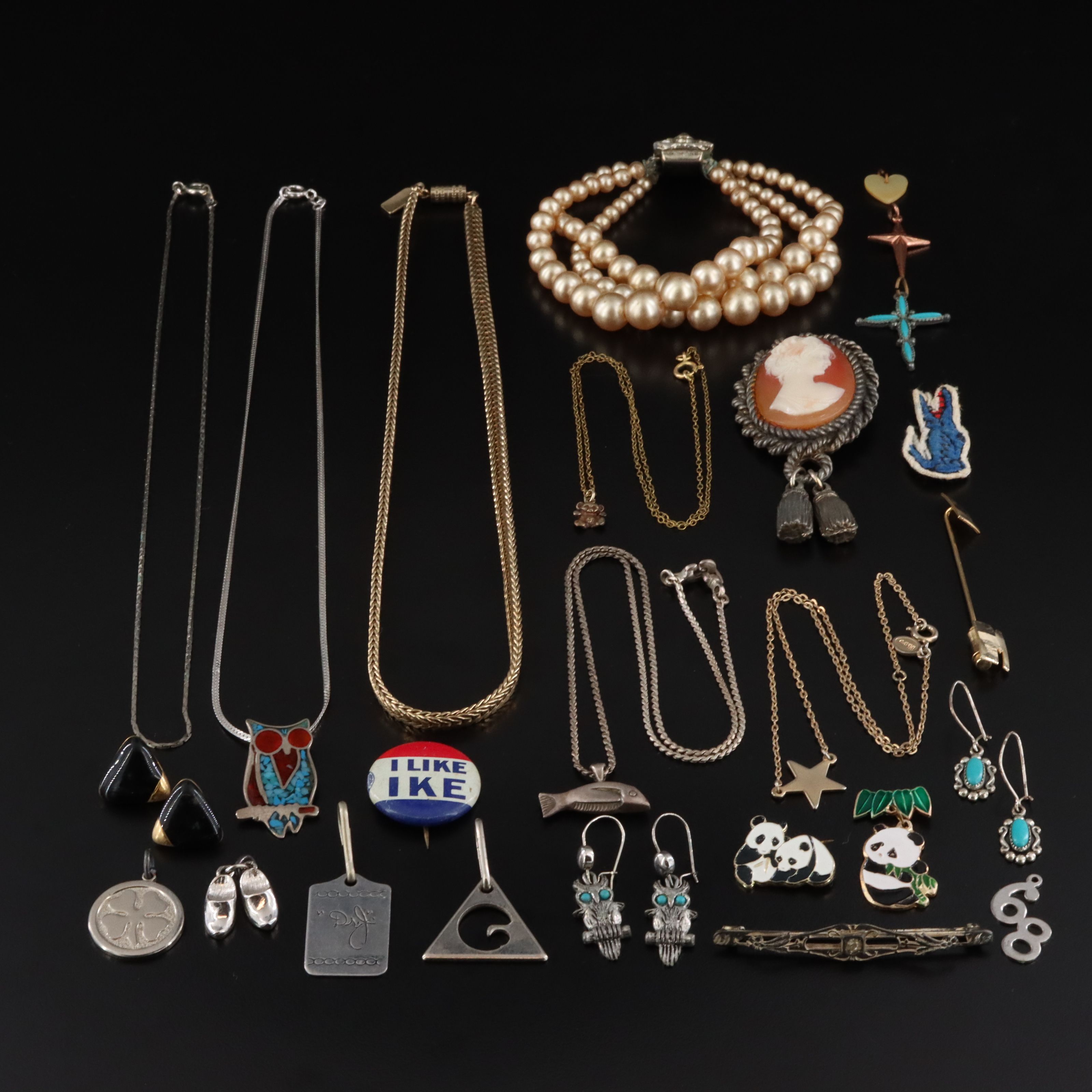 Vintage Jewelry Assortment Featuring Sterling and "Like Ike" Button