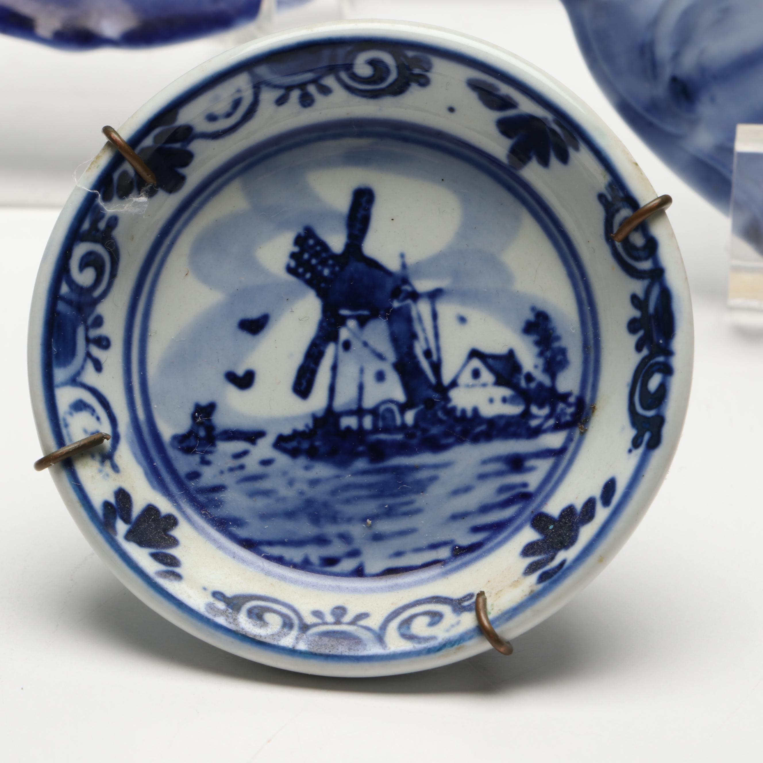Rynbende Delft Blue Ceramic Vase with Other European Delft Blue Tableware