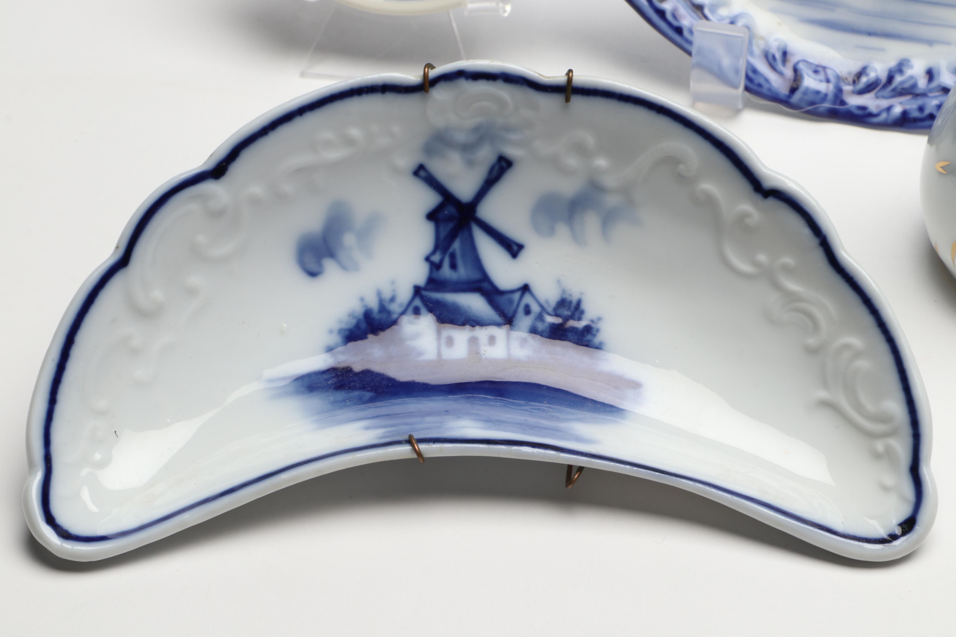 Rynbende Delft Blue Ceramic Vase with Other European Delft Blue Tableware