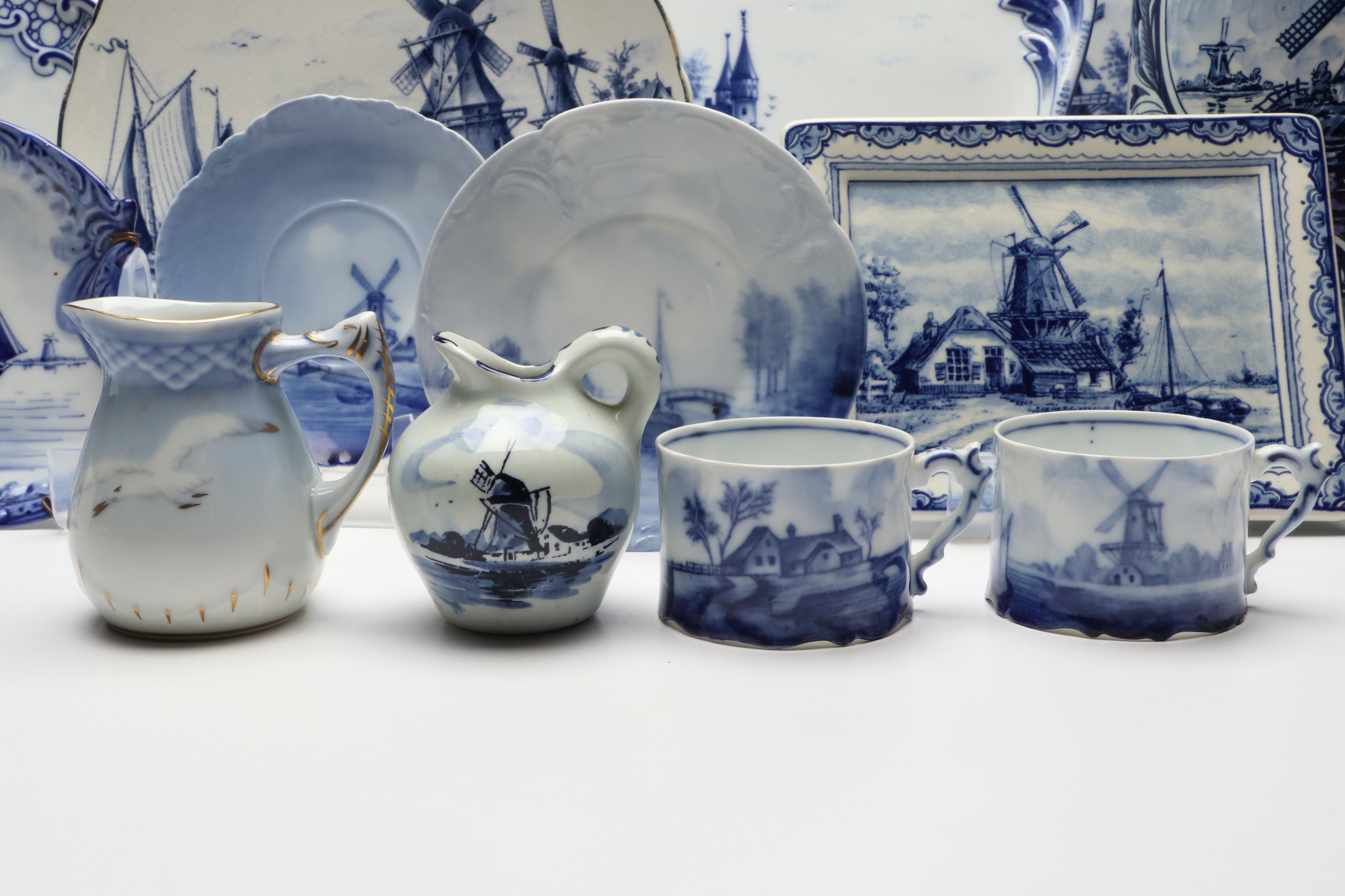 Rynbende Delft Blue Ceramic Vase with Other European Delft Blue Tableware