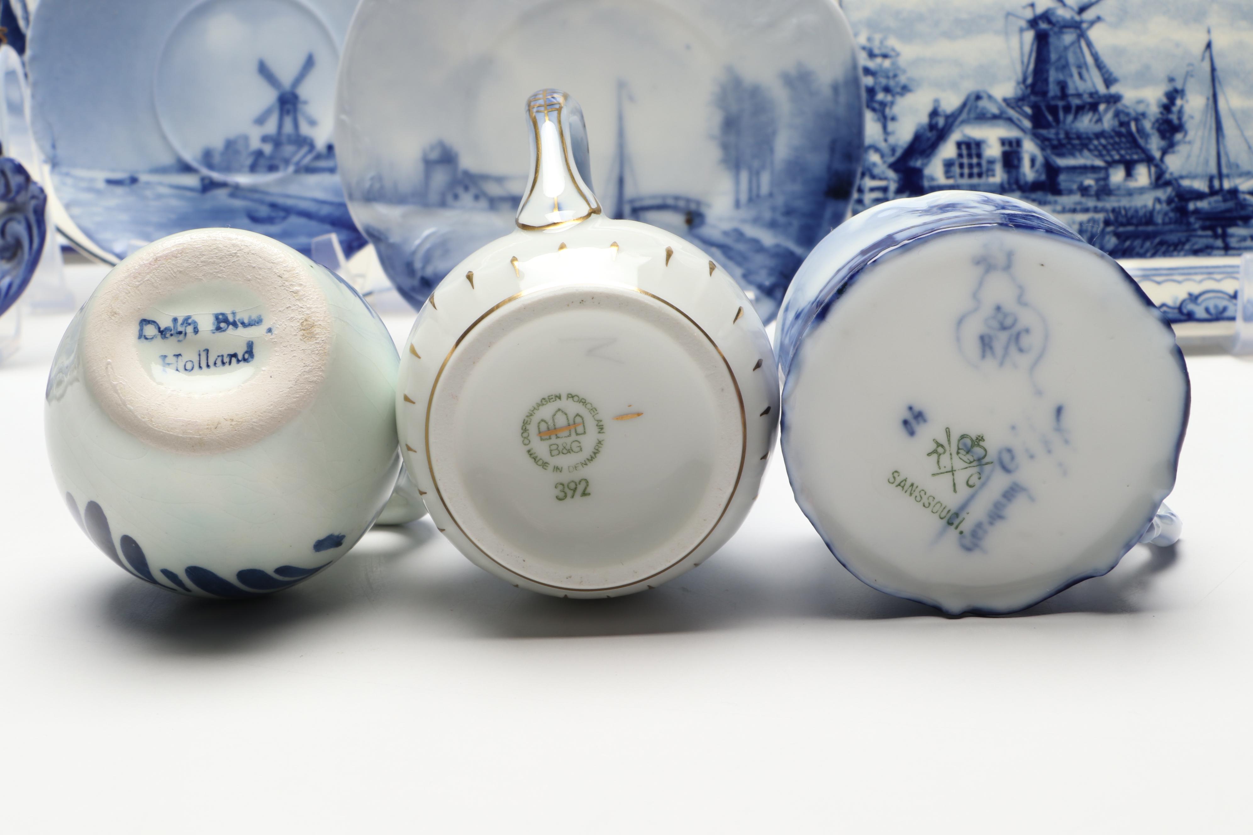 Rynbende Delft Blue Ceramic Vase with Other European Delft Blue Tableware