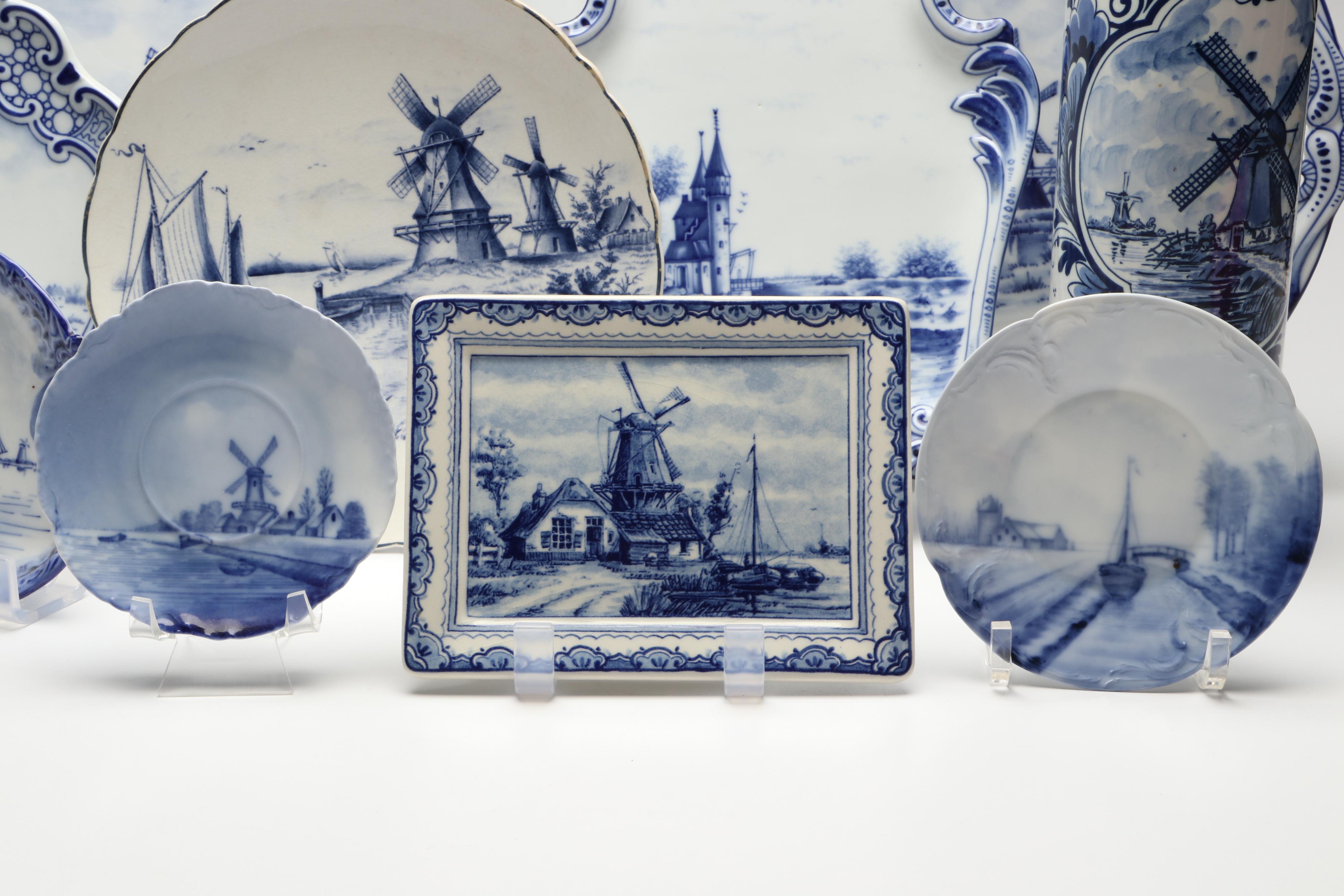 Rynbende Delft Blue Ceramic Vase with Other European Delft Blue Tableware