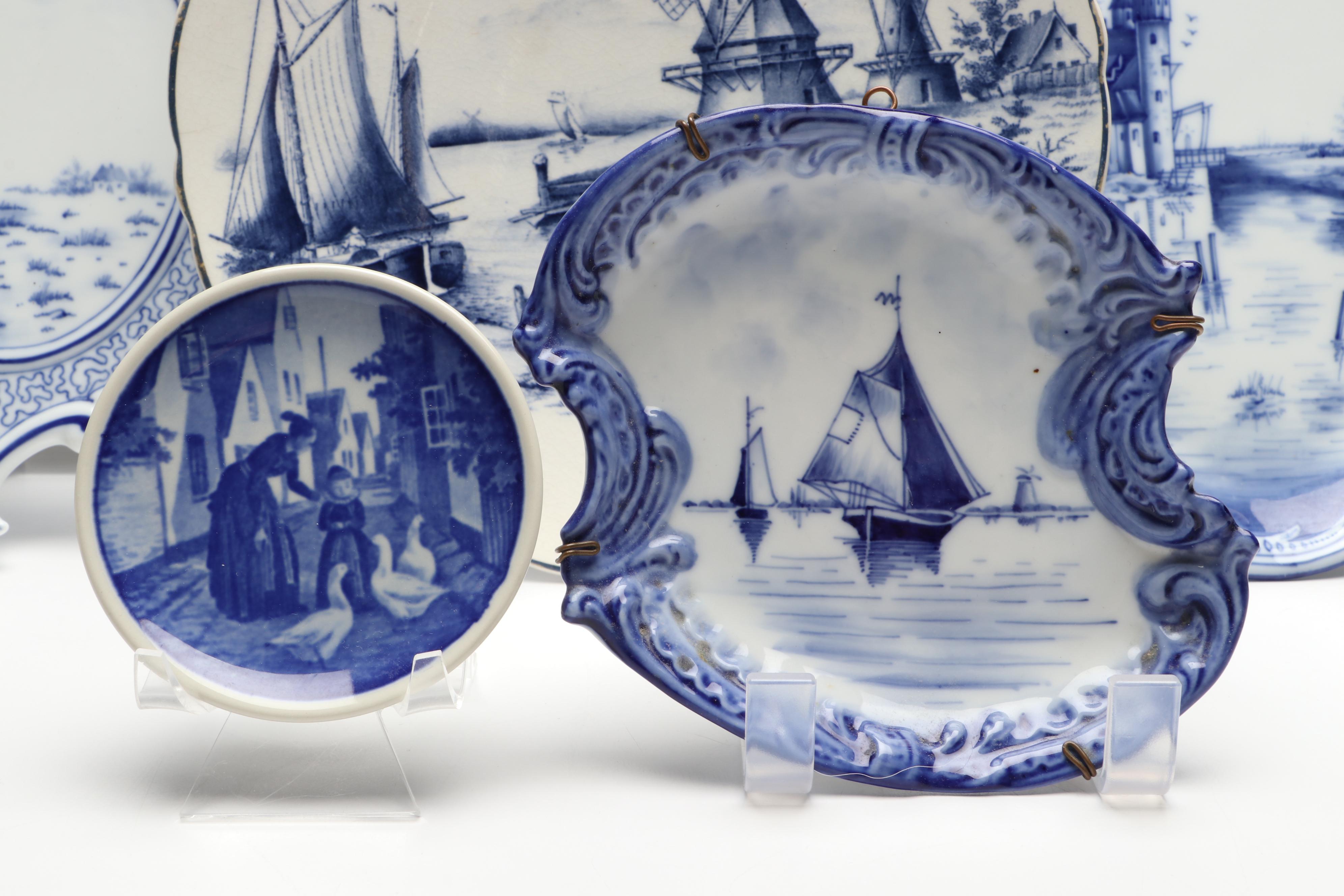 Rynbende Delft Blue Ceramic Vase with Other European Delft Blue Tableware