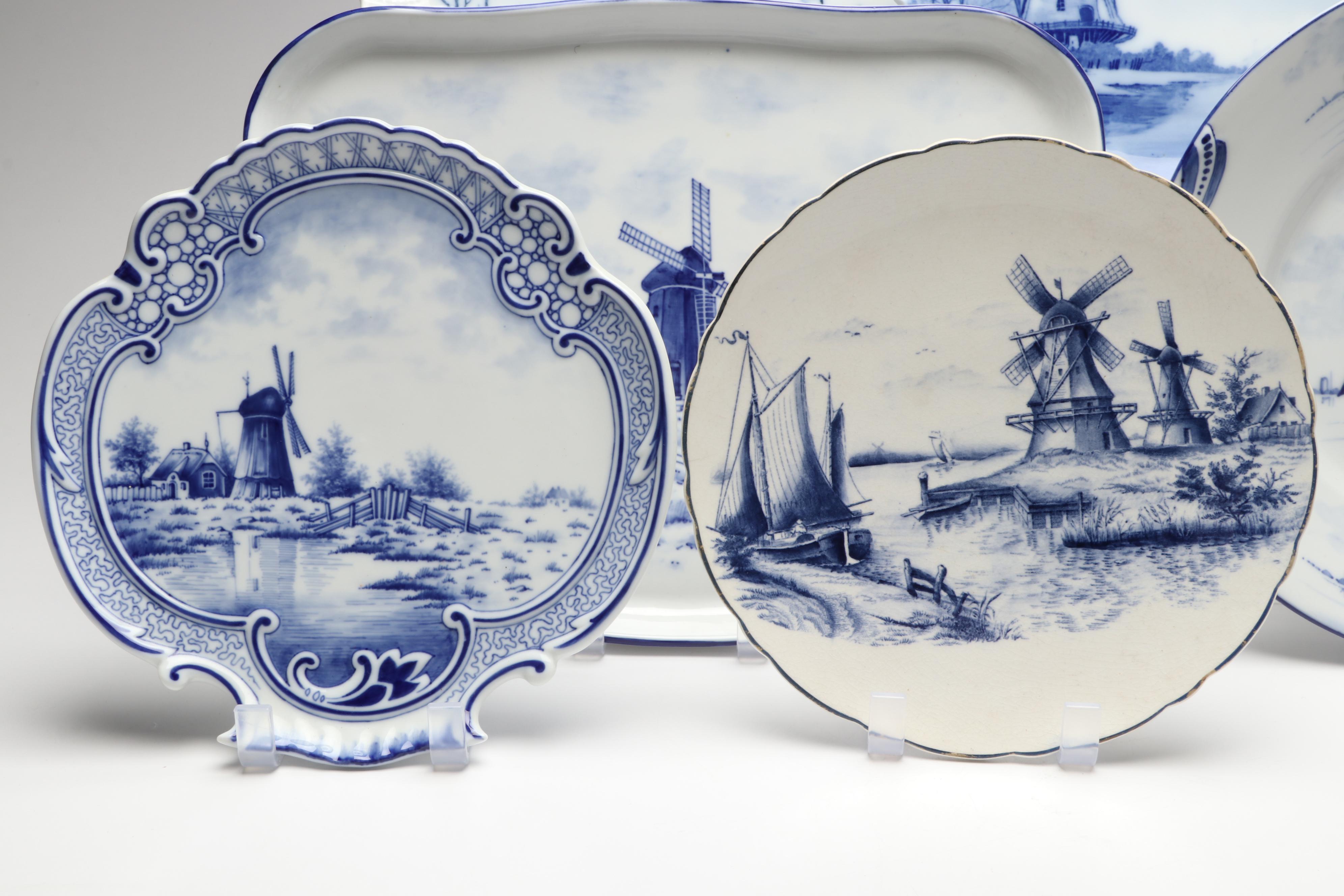 Rynbende Delft Blue Ceramic Vase with Other European Delft Blue Tableware