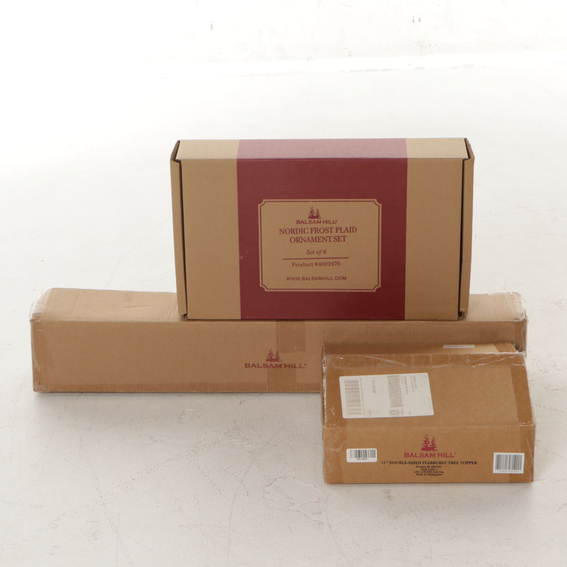 Balsam Hill Starburst Tree Topper, Nordic Plaid Ornaments & Lit Birch Tree Grove