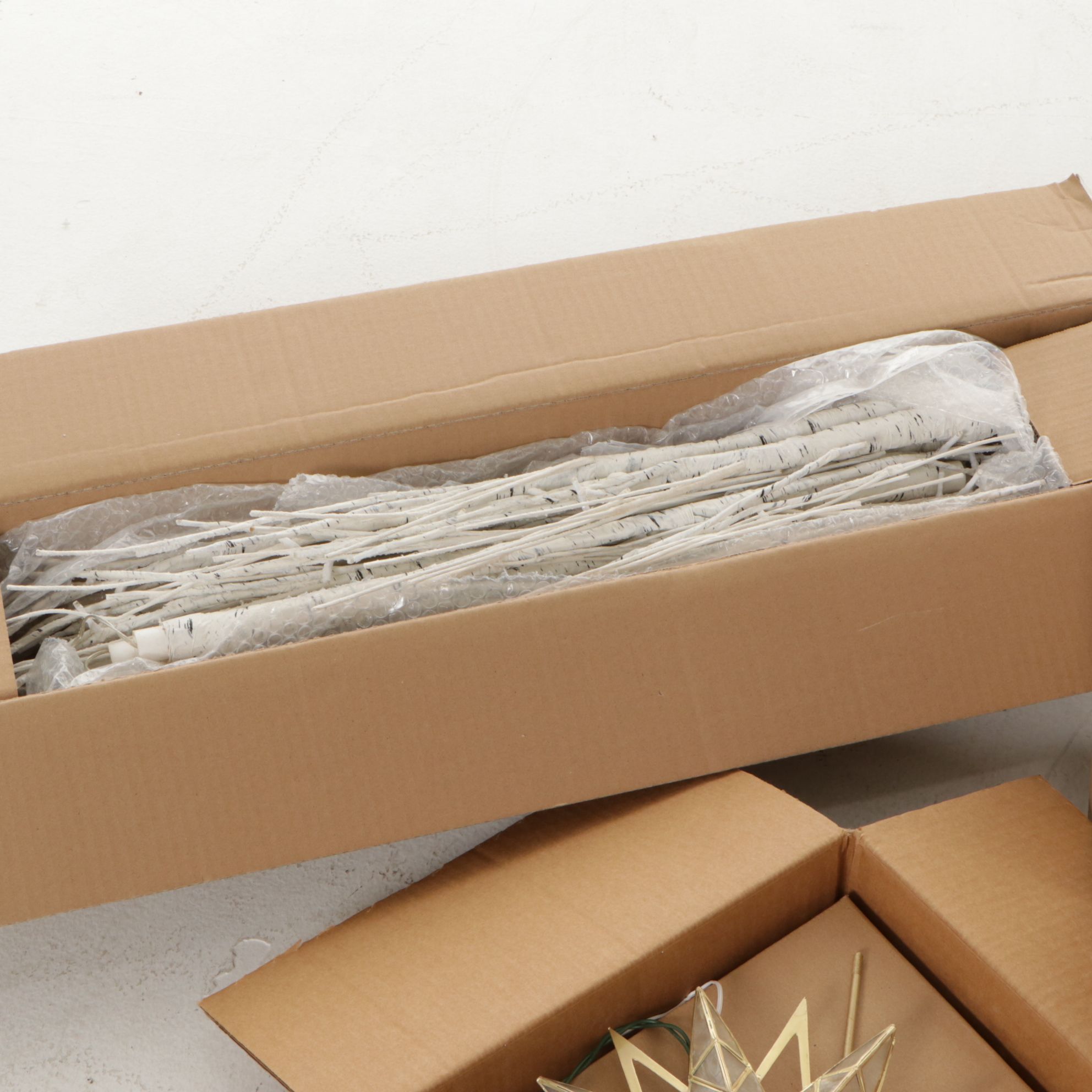 Balsam Hill Starburst Tree Topper, Nordic Plaid Ornaments & Lit Birch Tree Grove