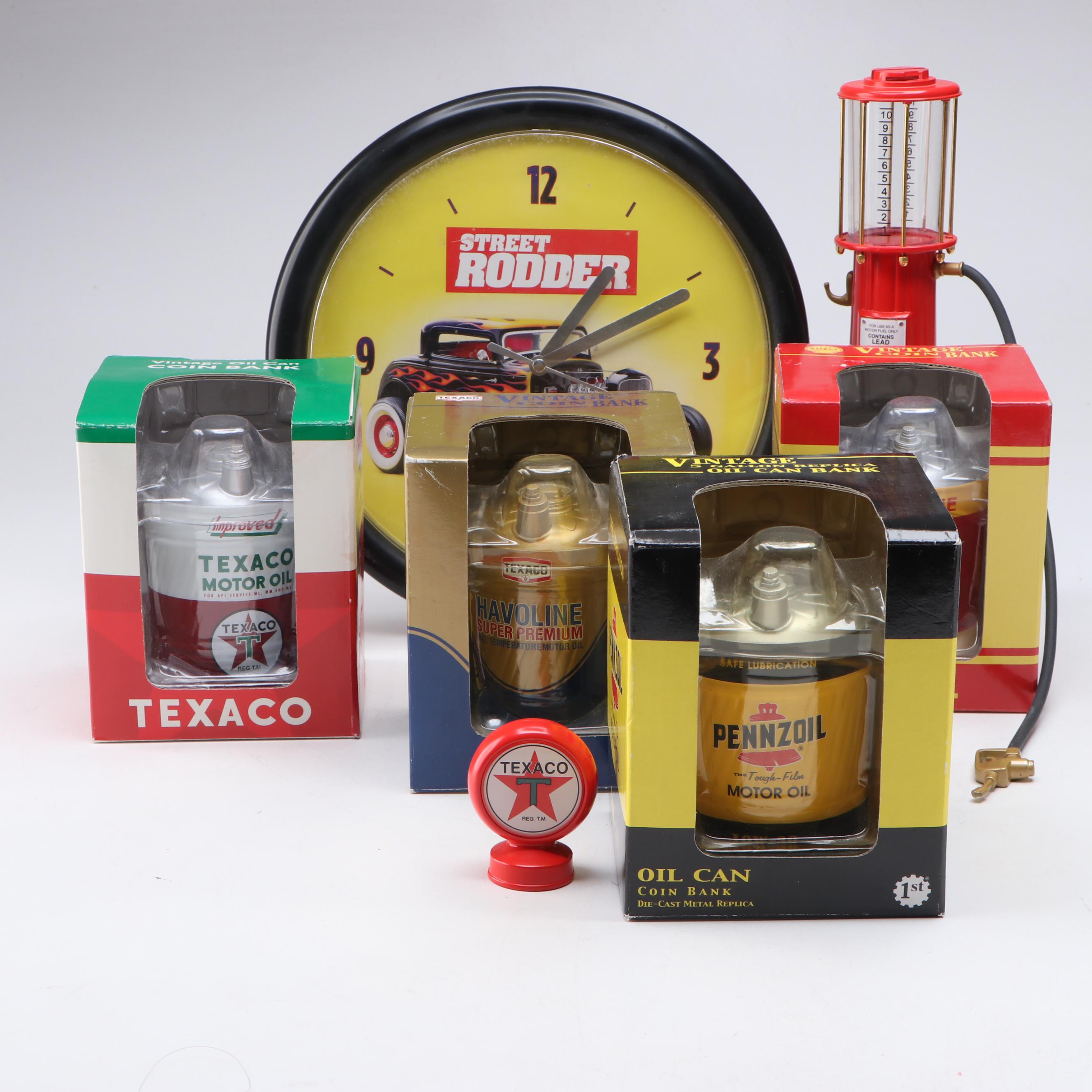 First Gear Oil Can Coin Banks with Texaco Pump and "Street Rodder" Wall Clock