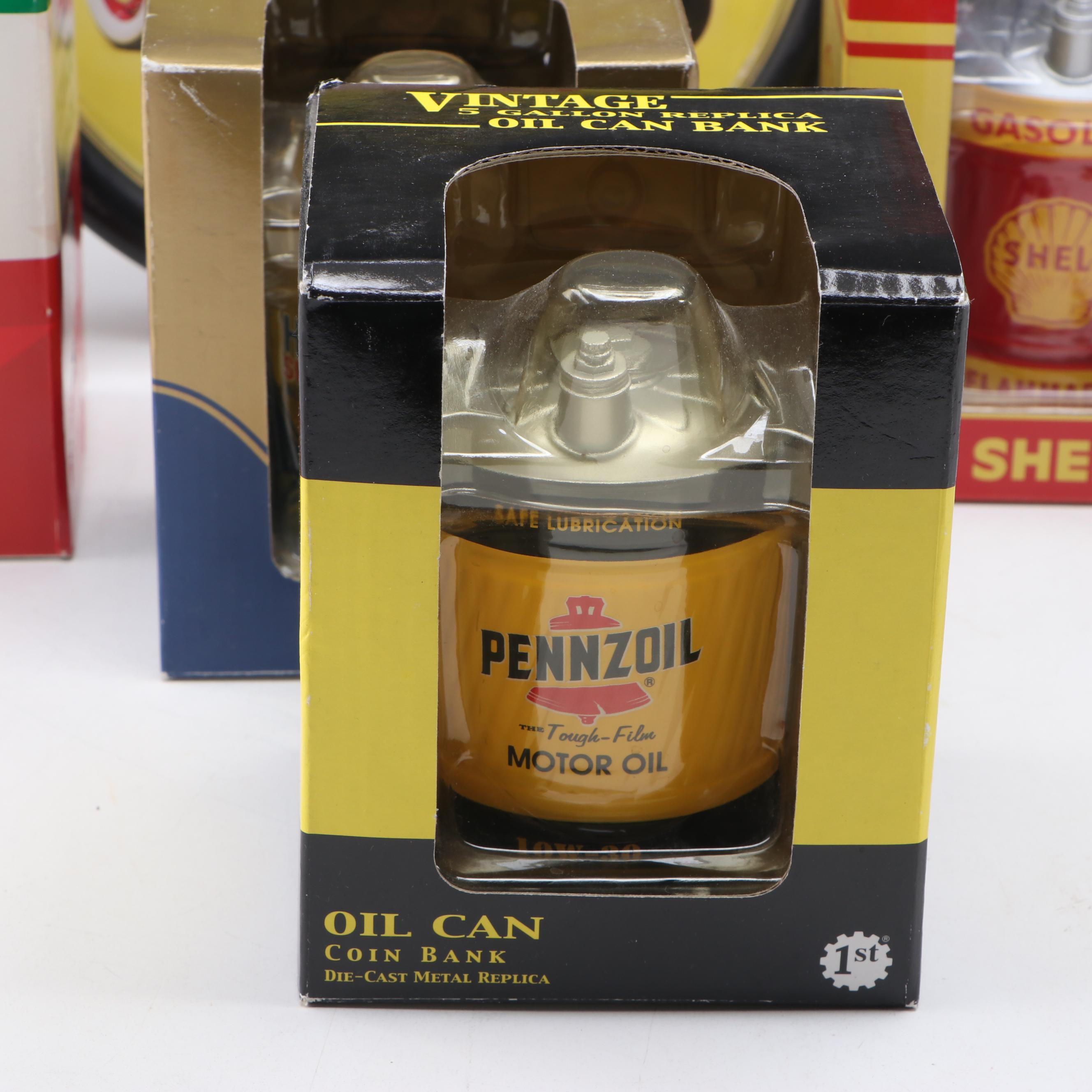 First Gear Oil Can Coin Banks with Texaco Pump and "Street Rodder" Wall Clock