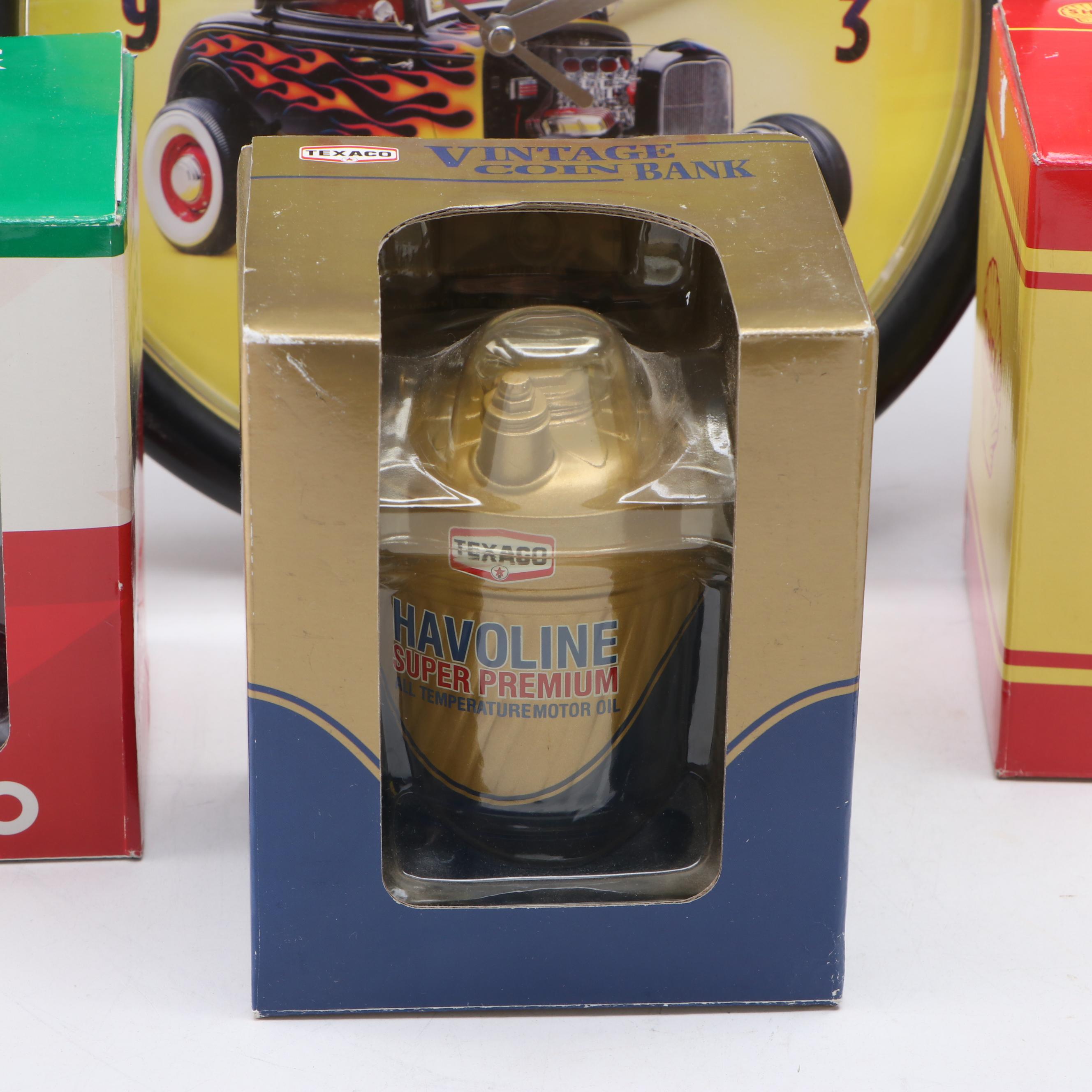 First Gear Oil Can Coin Banks with Texaco Pump and "Street Rodder" Wall Clock