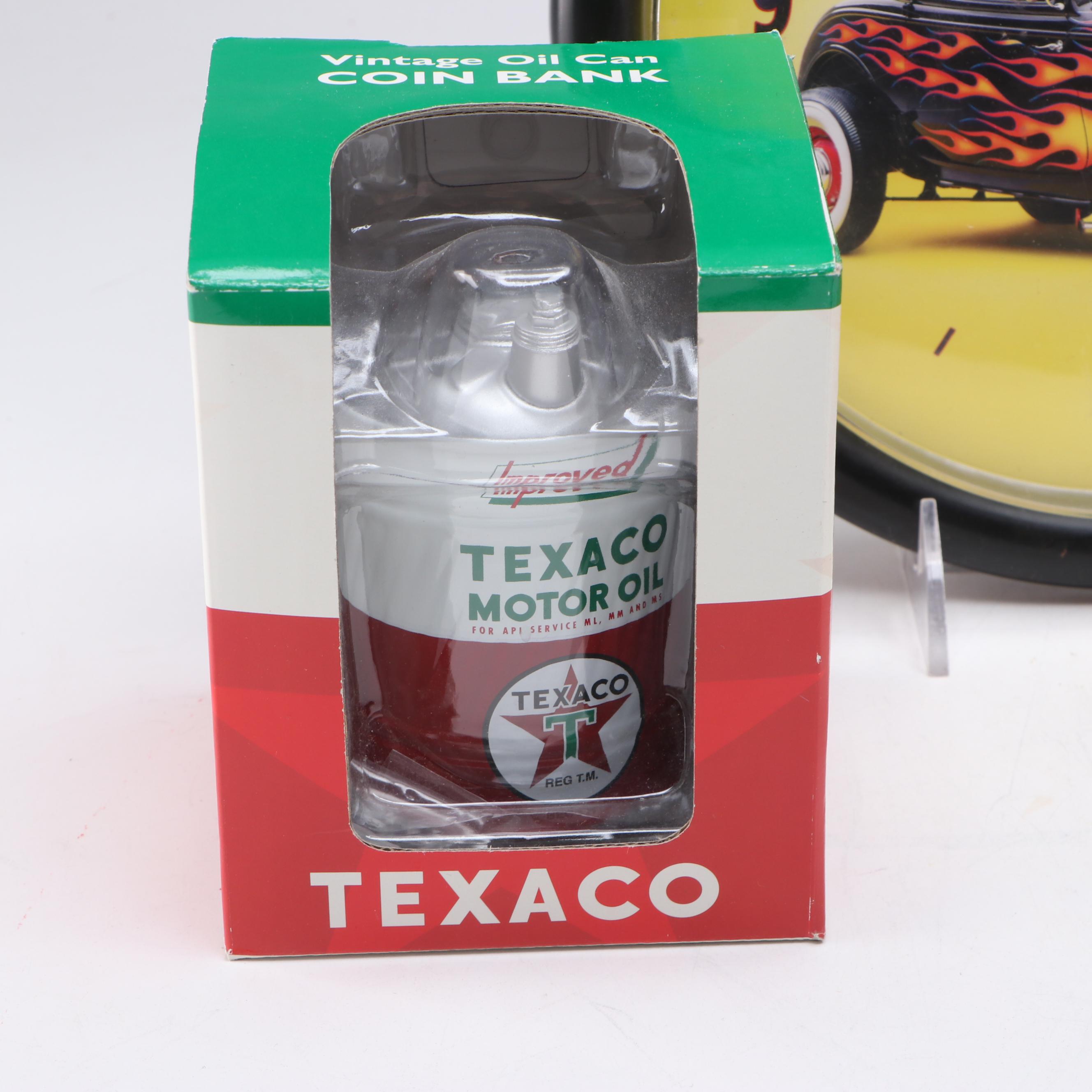 First Gear Oil Can Coin Banks with Texaco Pump and "Street Rodder" Wall Clock