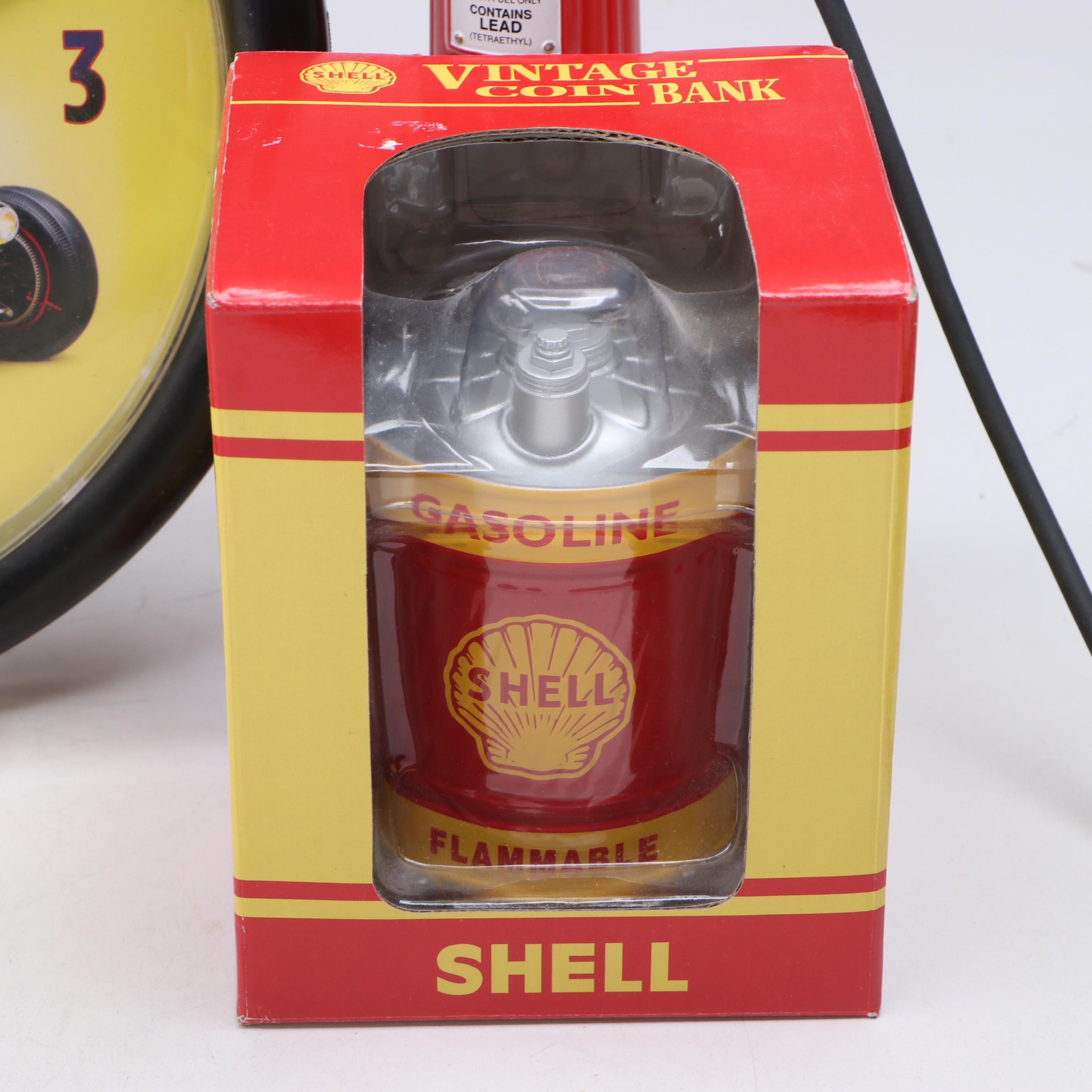 First Gear Oil Can Coin Banks with Texaco Pump and "Street Rodder" Wall Clock