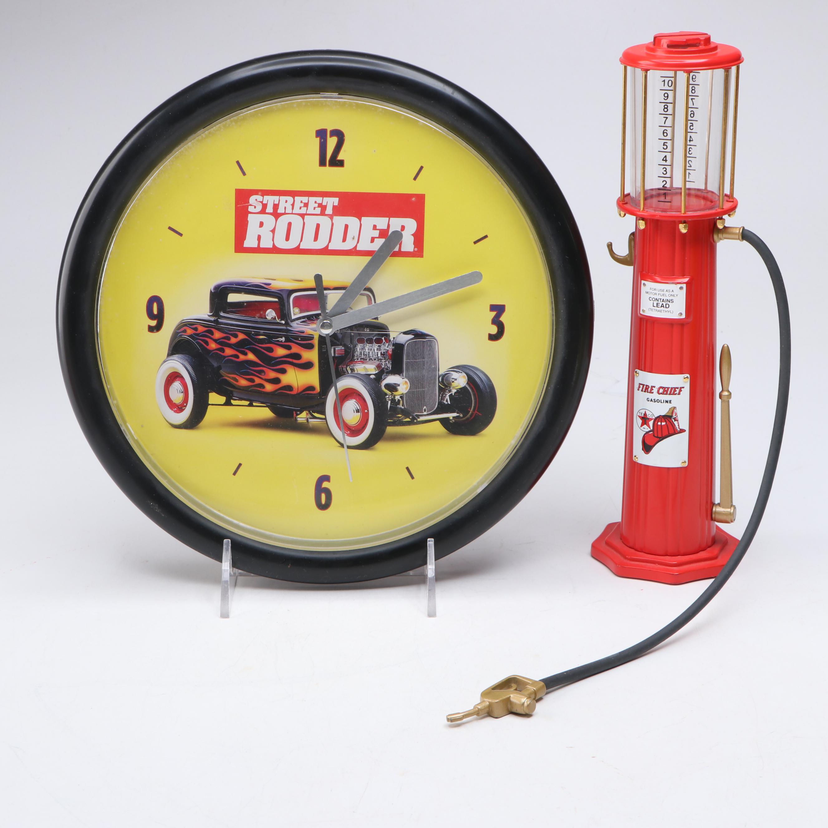 First Gear Oil Can Coin Banks with Texaco Pump and "Street Rodder" Wall Clock