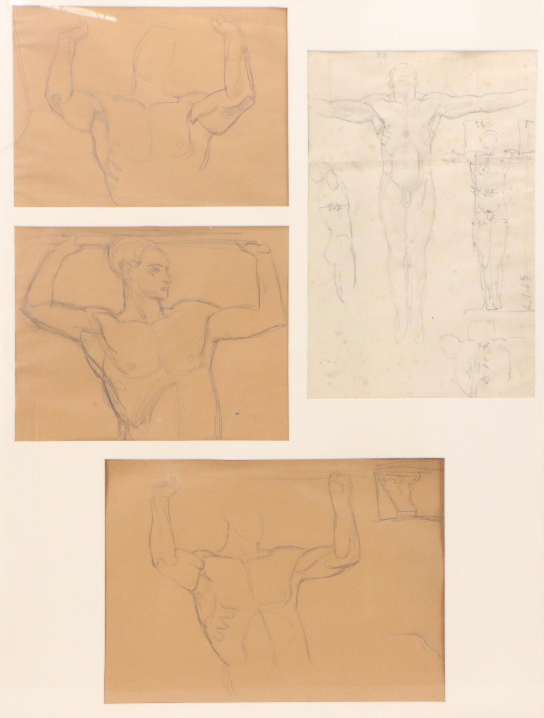 Male Figure Graphite Study Sketches, Mid-20th Century