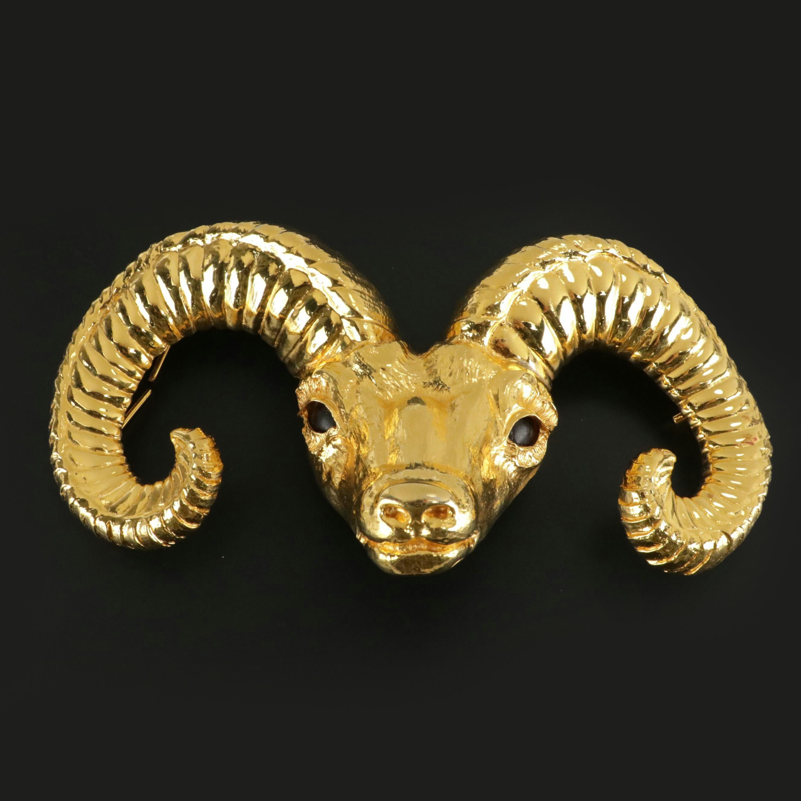 Christopher Ross Gold Plate Ram Head Sculptural Belt Buckle, 1980s