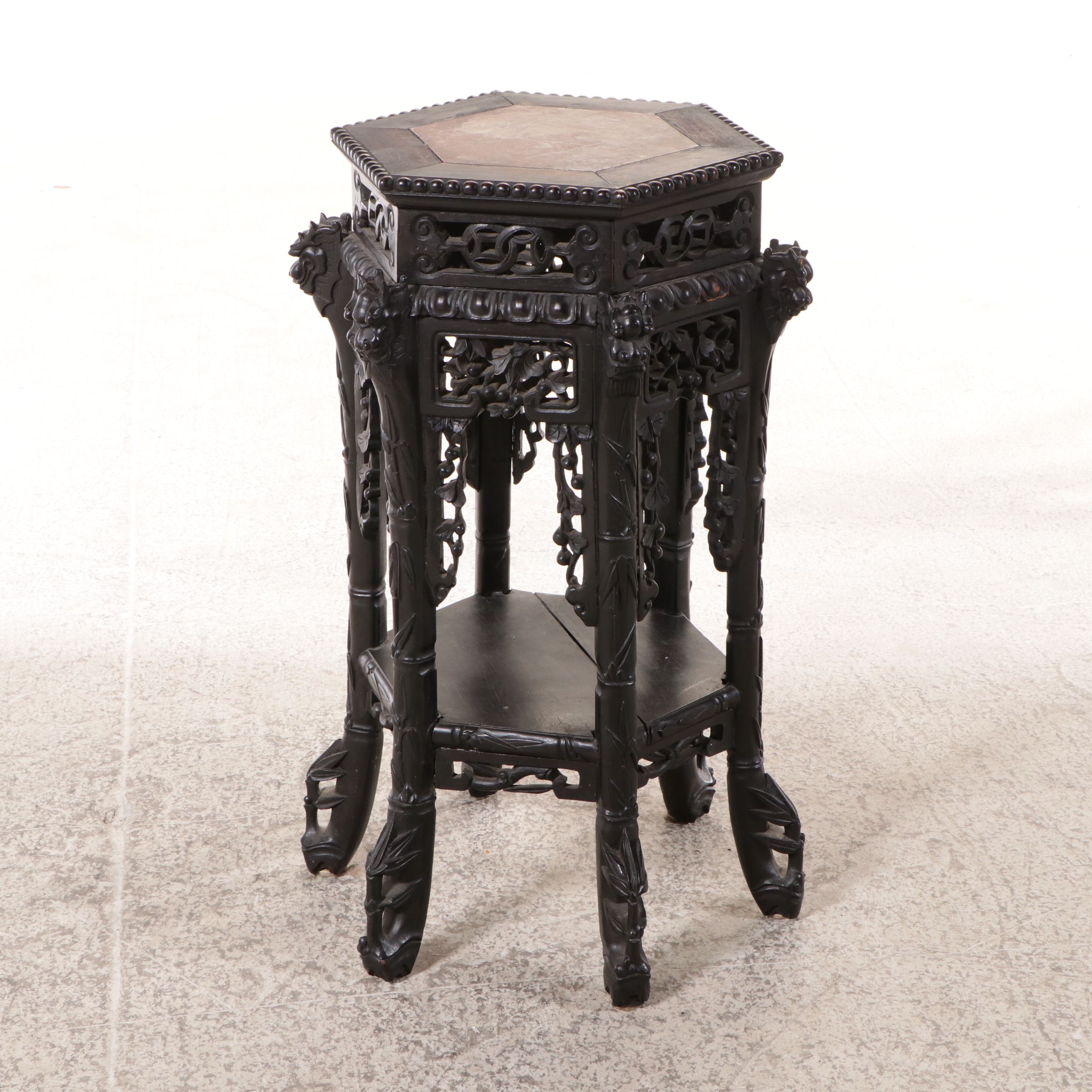Chinese Carved Hexagonal Plant Stand with Inset Marble Top