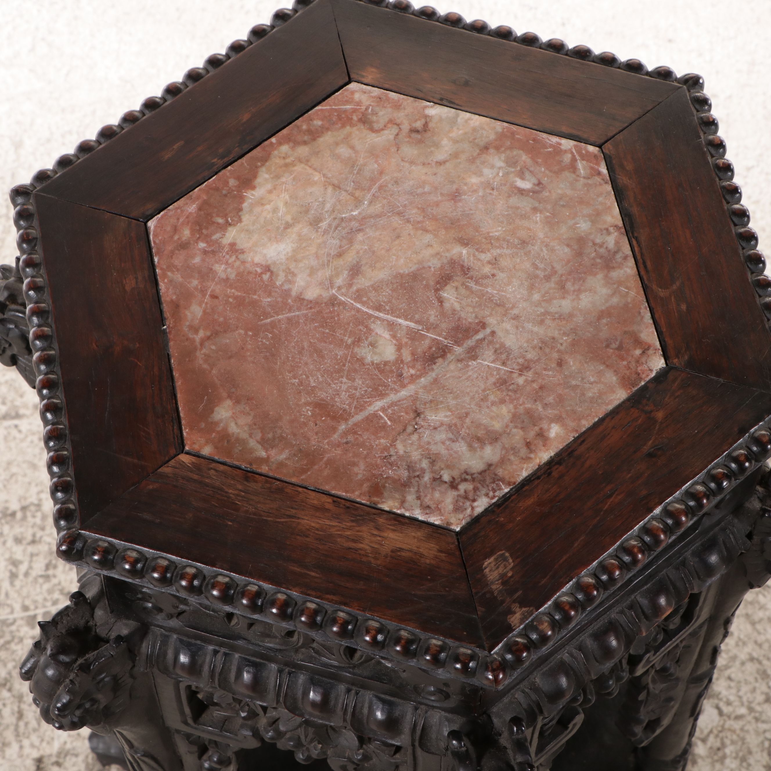 Chinese Carved Hexagonal Plant Stand with Inset Marble Top