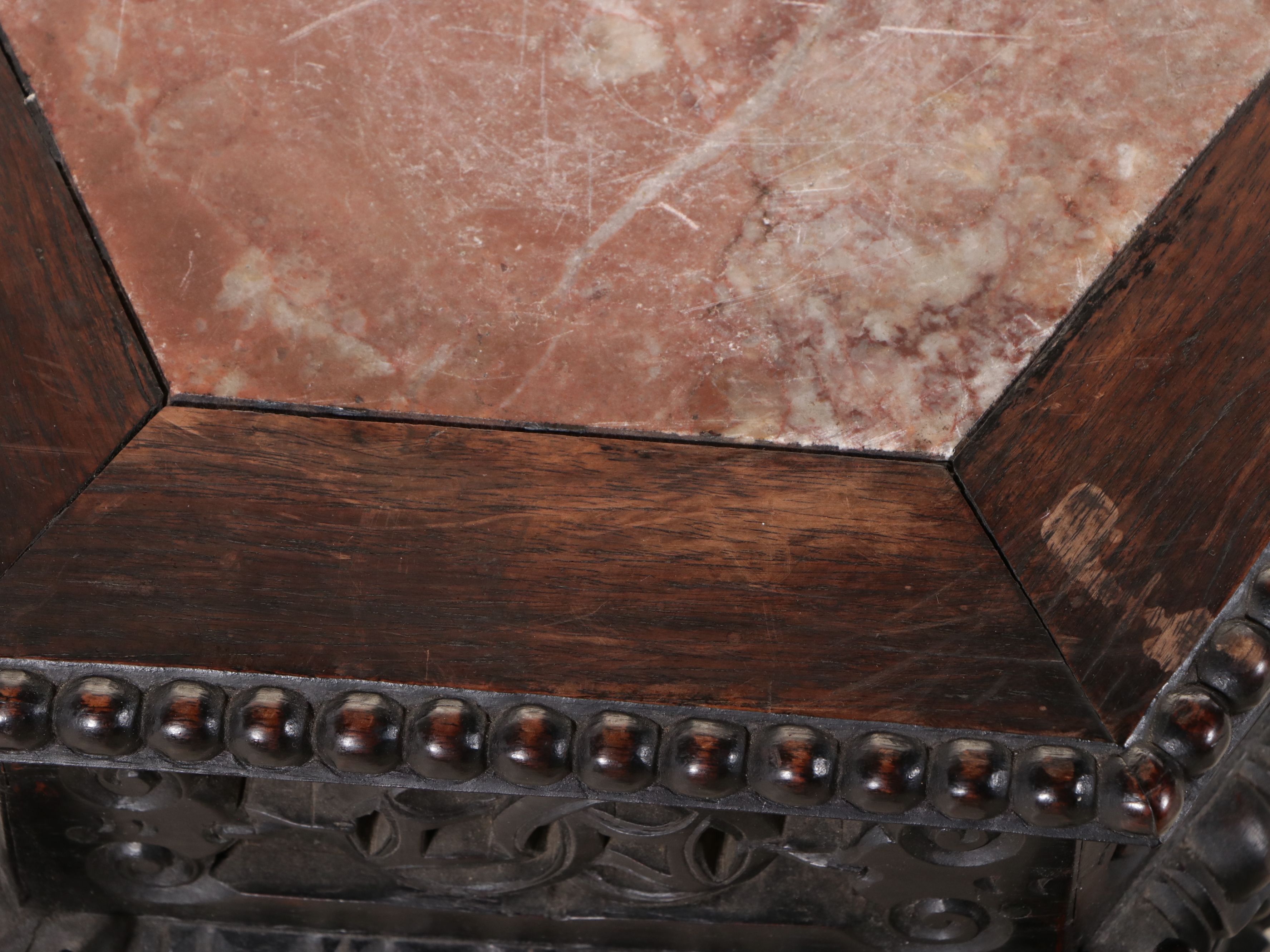 Chinese Carved Hexagonal Plant Stand with Inset Marble Top