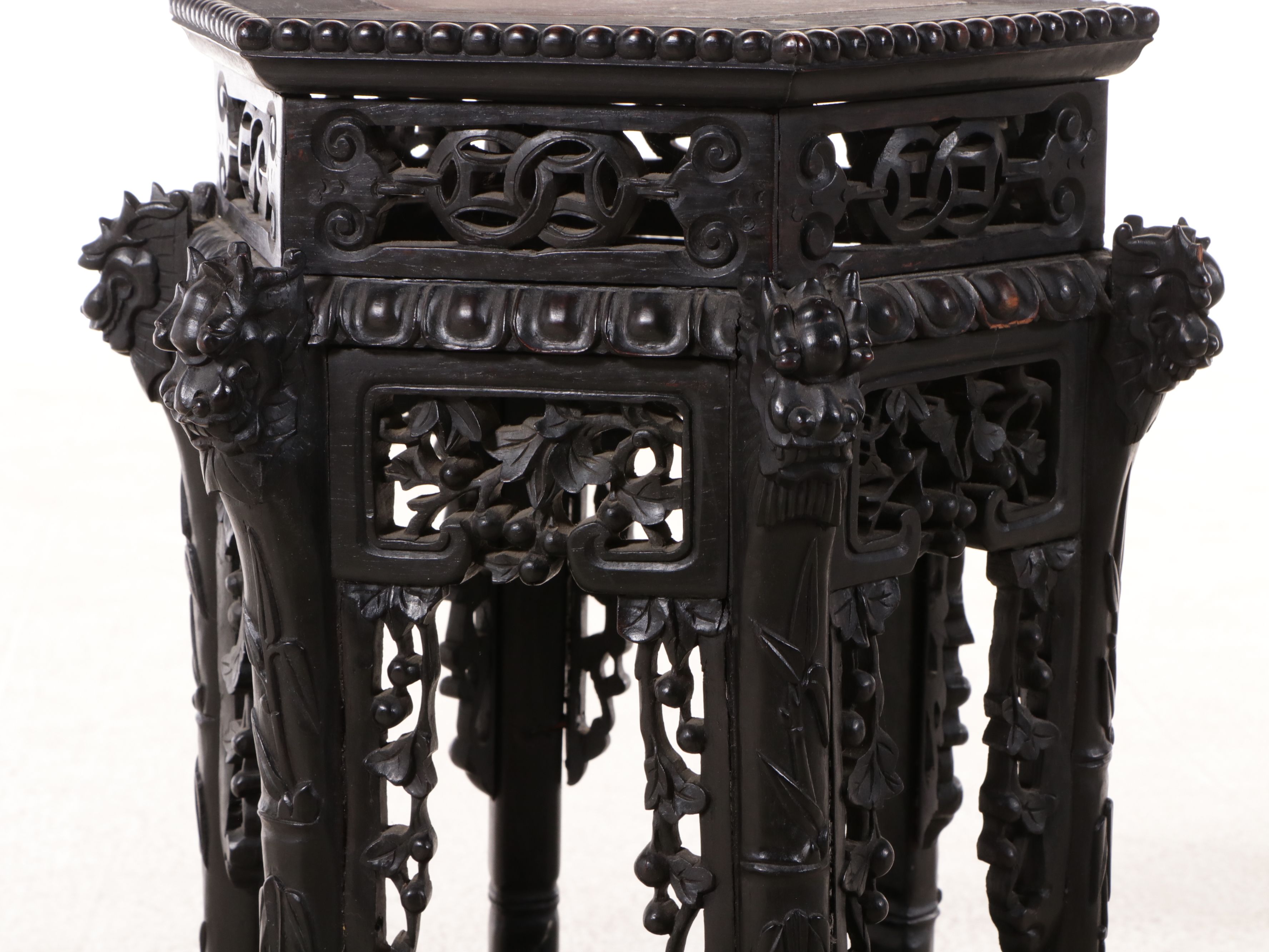 Chinese Carved Hexagonal Plant Stand with Inset Marble Top