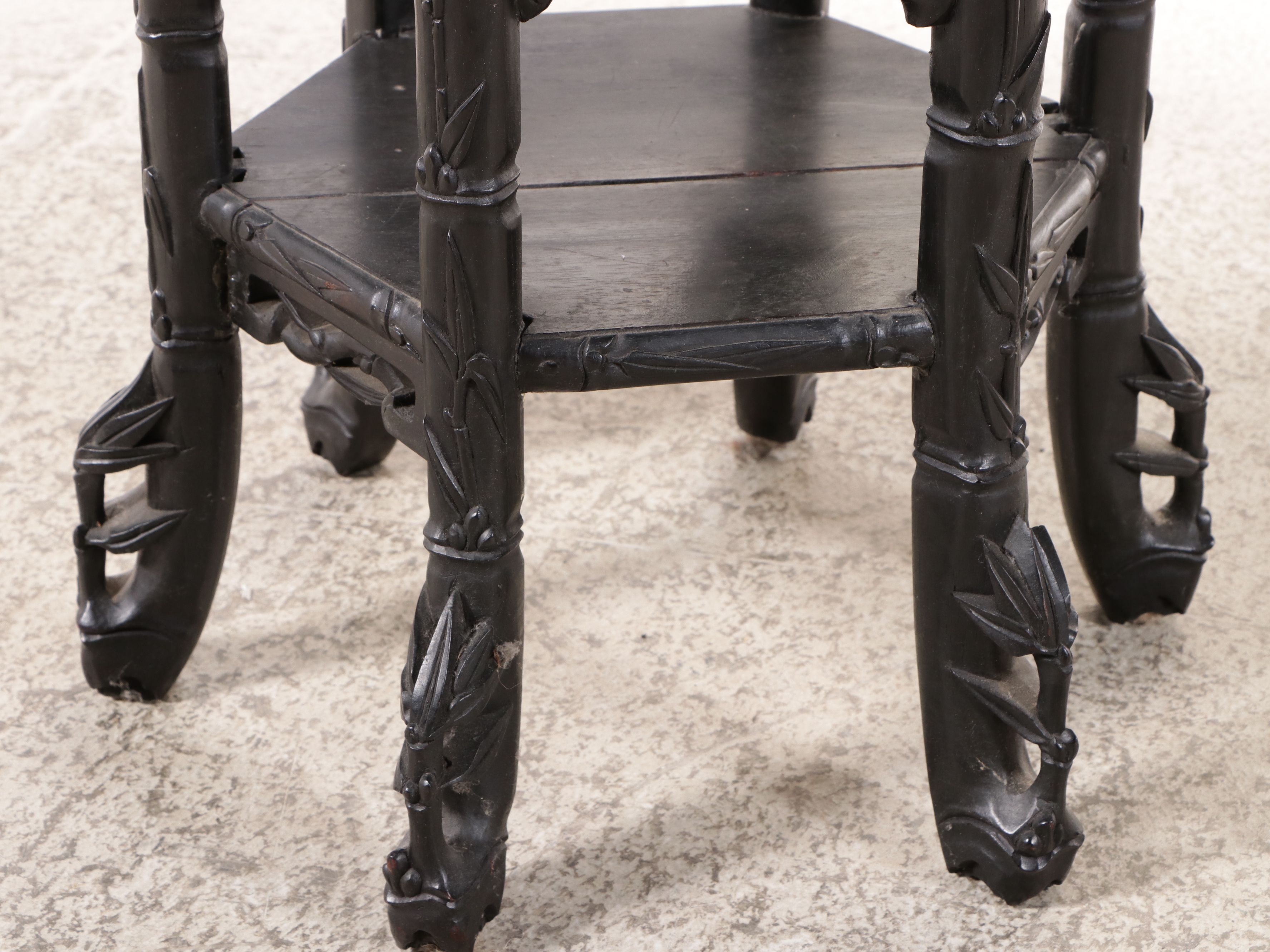 Chinese Carved Hexagonal Plant Stand with Inset Marble Top
