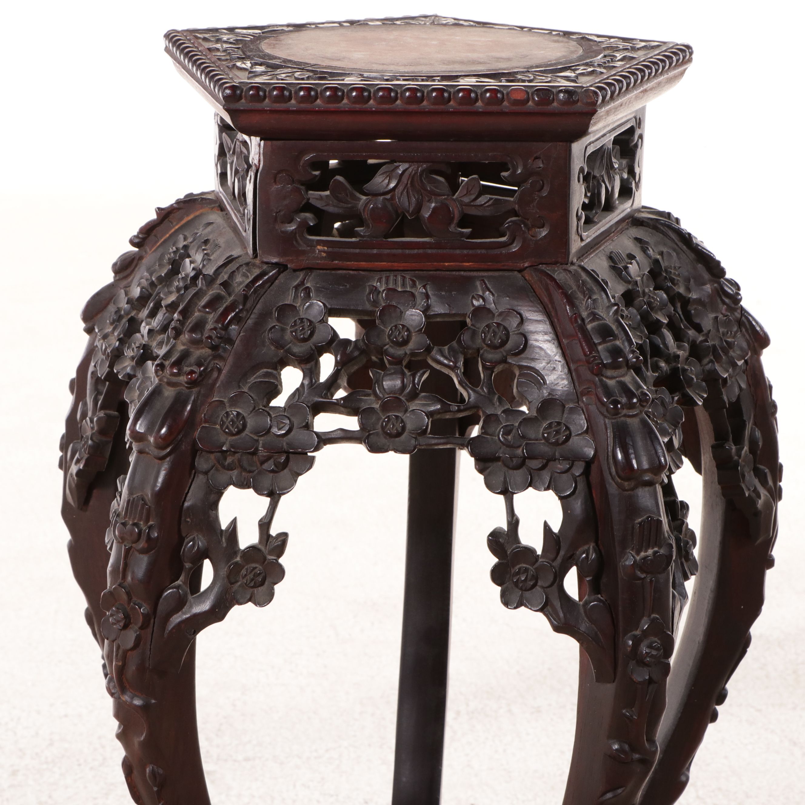 Chinese Carved Pentagonal Plant Stand with Inset Marble Top
