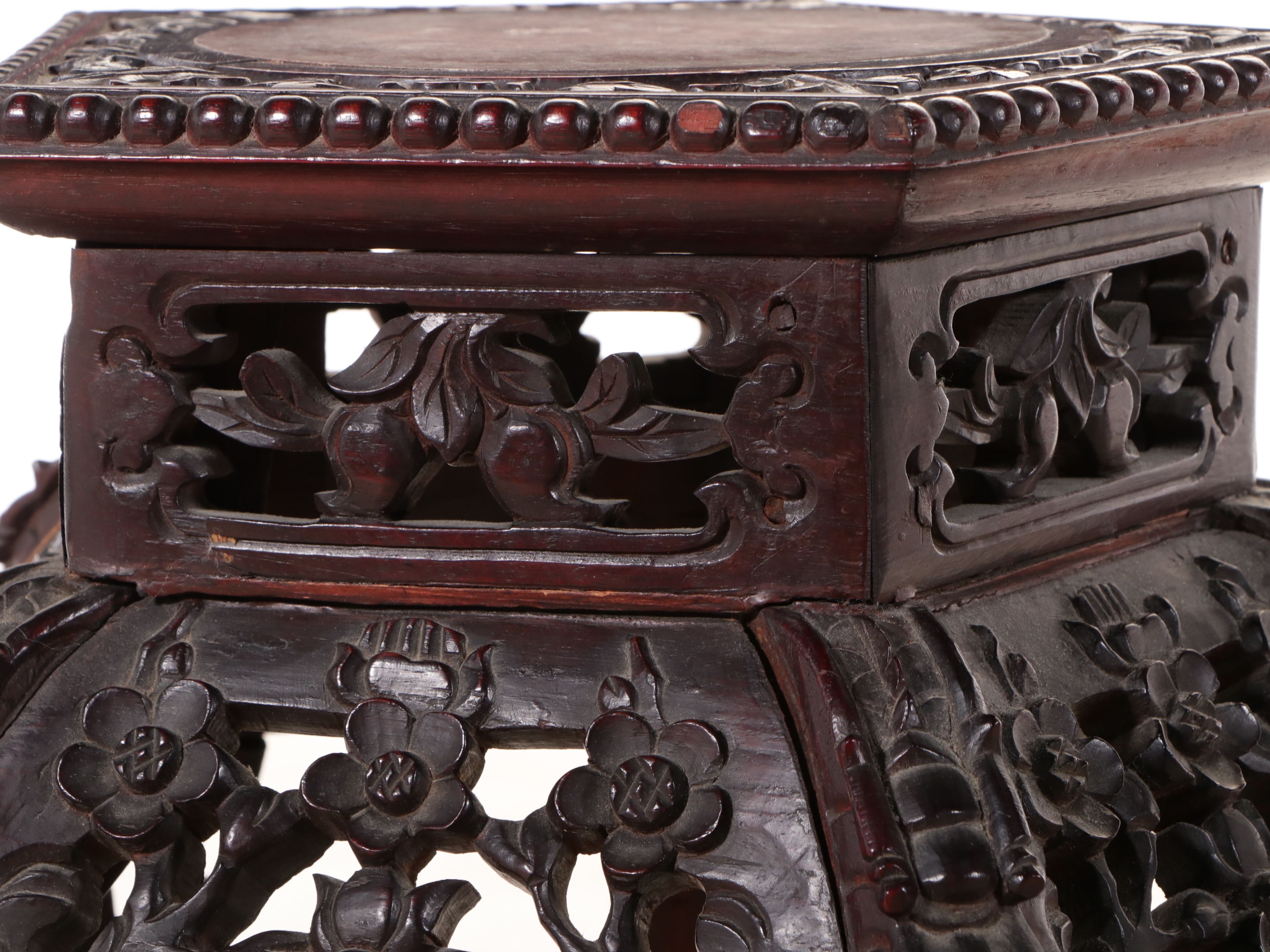 Chinese Carved Pentagonal Plant Stand with Inset Marble Top