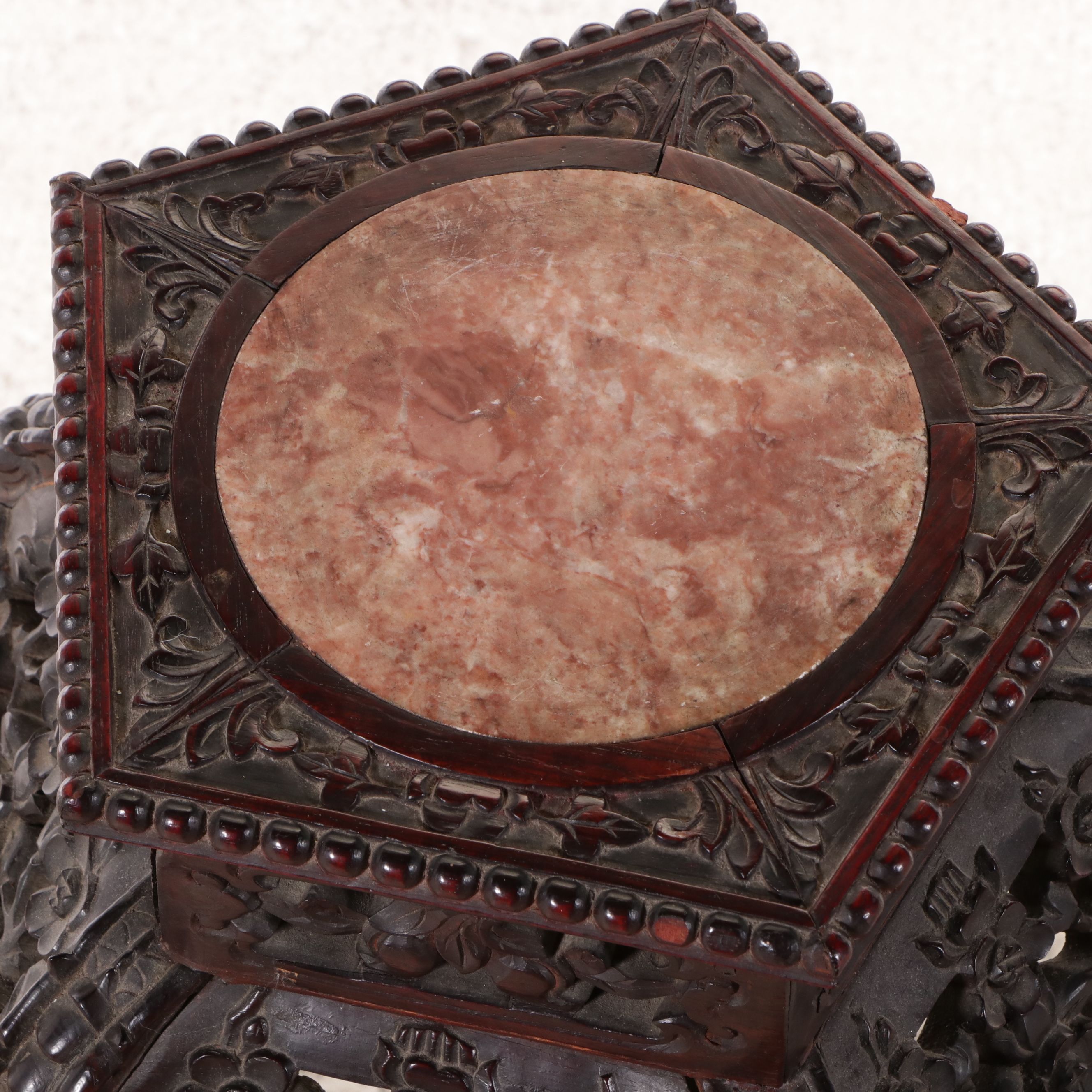 Chinese Carved Pentagonal Plant Stand with Inset Marble Top