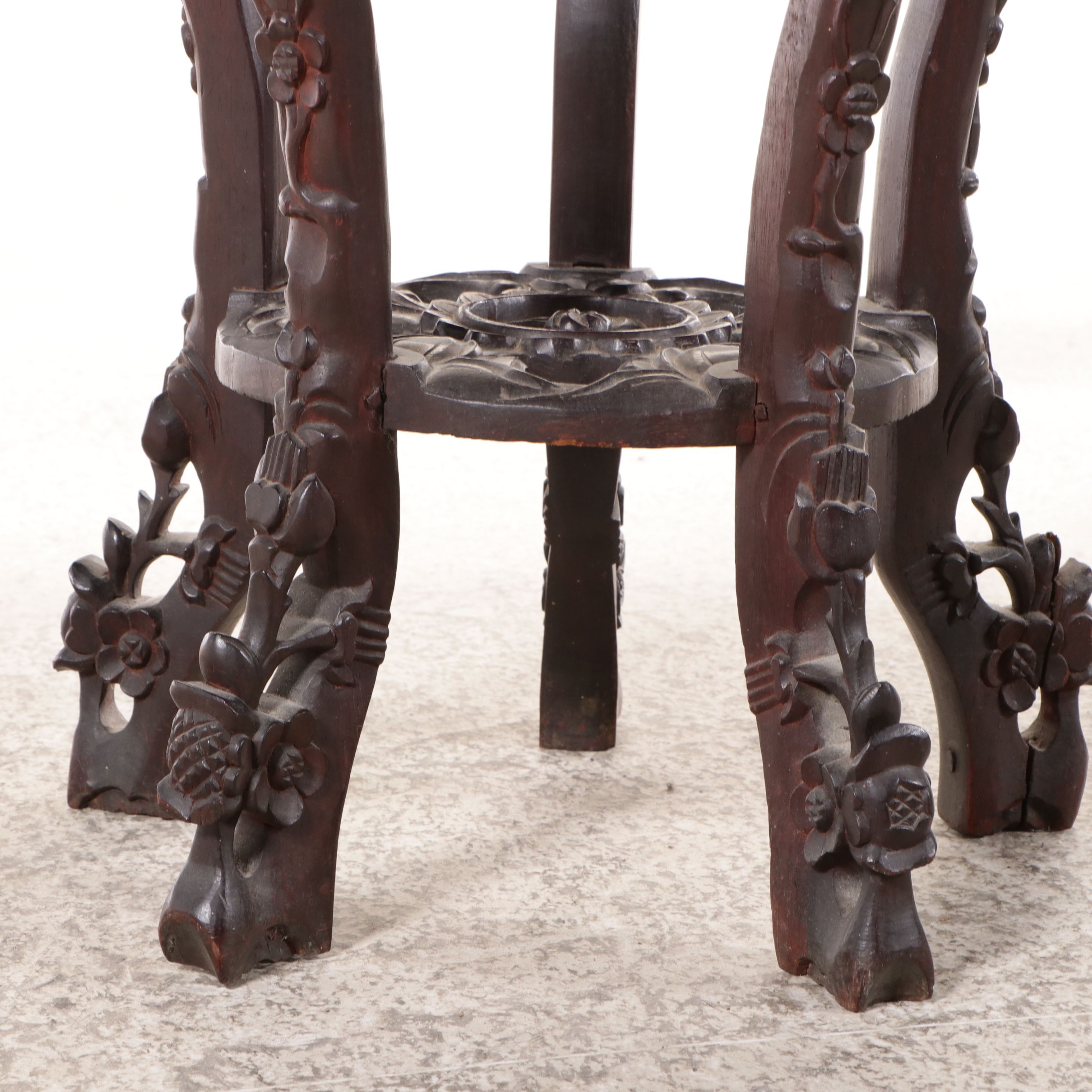 Chinese Carved Pentagonal Plant Stand with Inset Marble Top