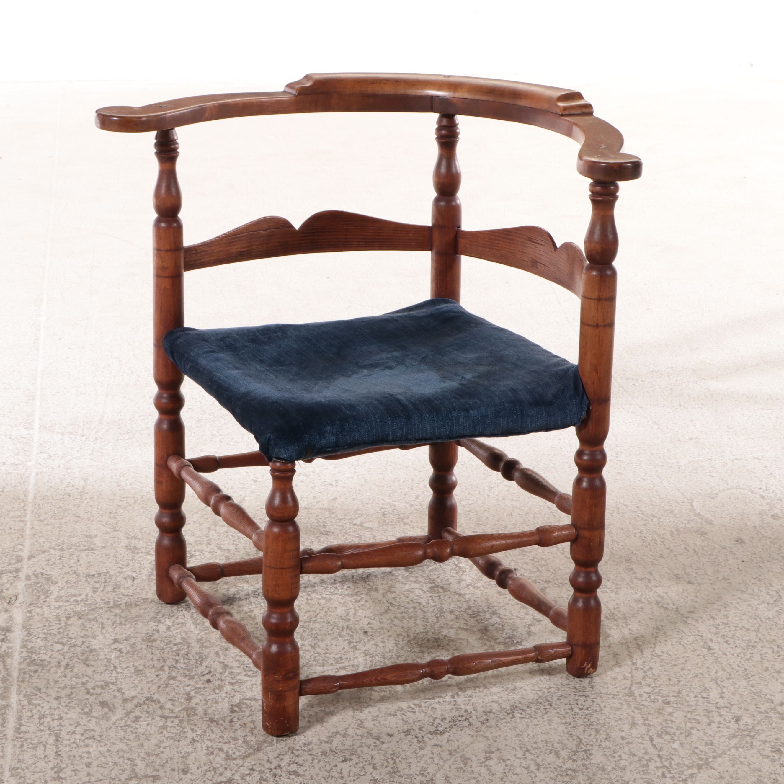 American Colonial Style Upholstered Wood Corner Chair, Late 19th/ Early 20th C.