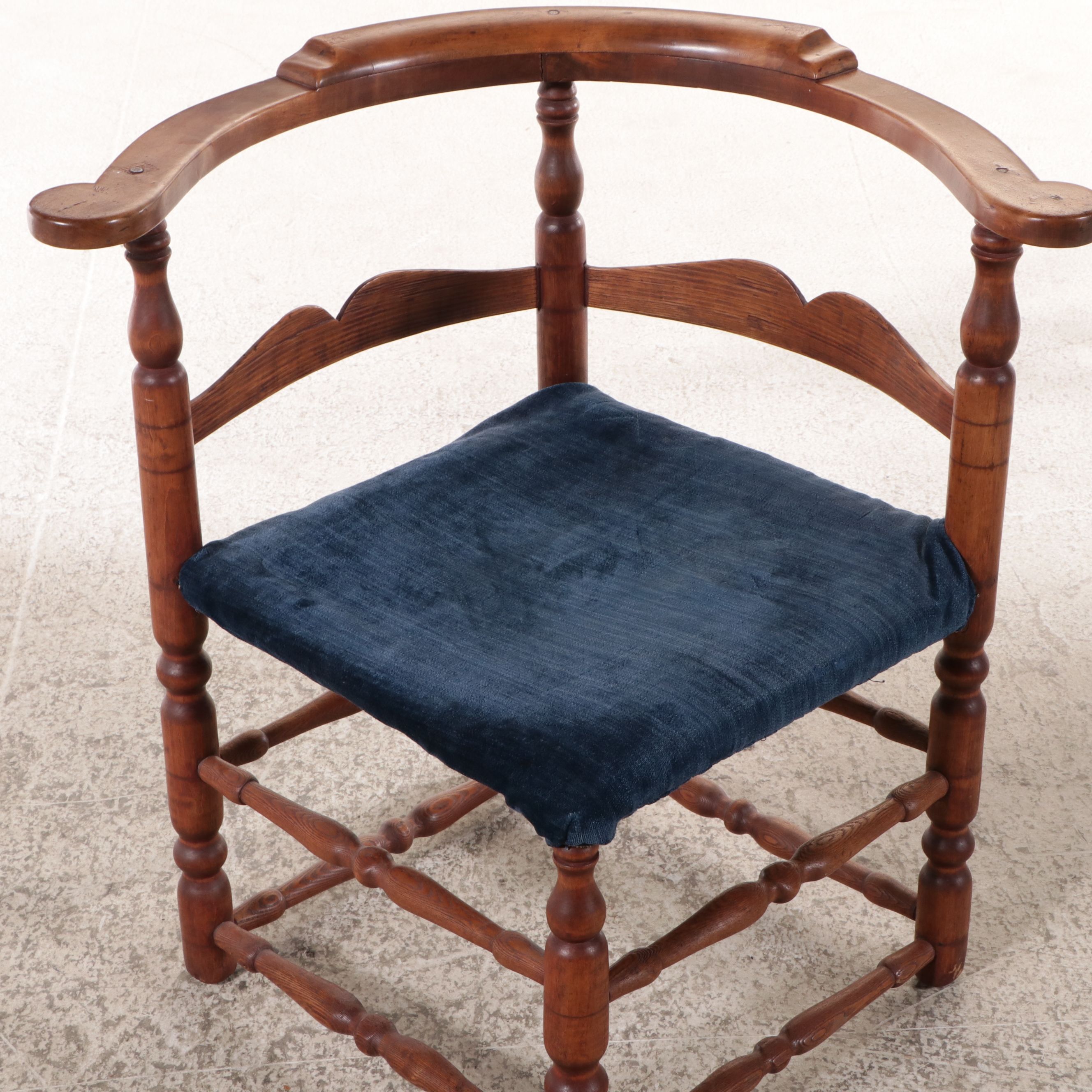 American Colonial Style Upholstered Wood Corner Chair, Late 19th/ Early 20th C.