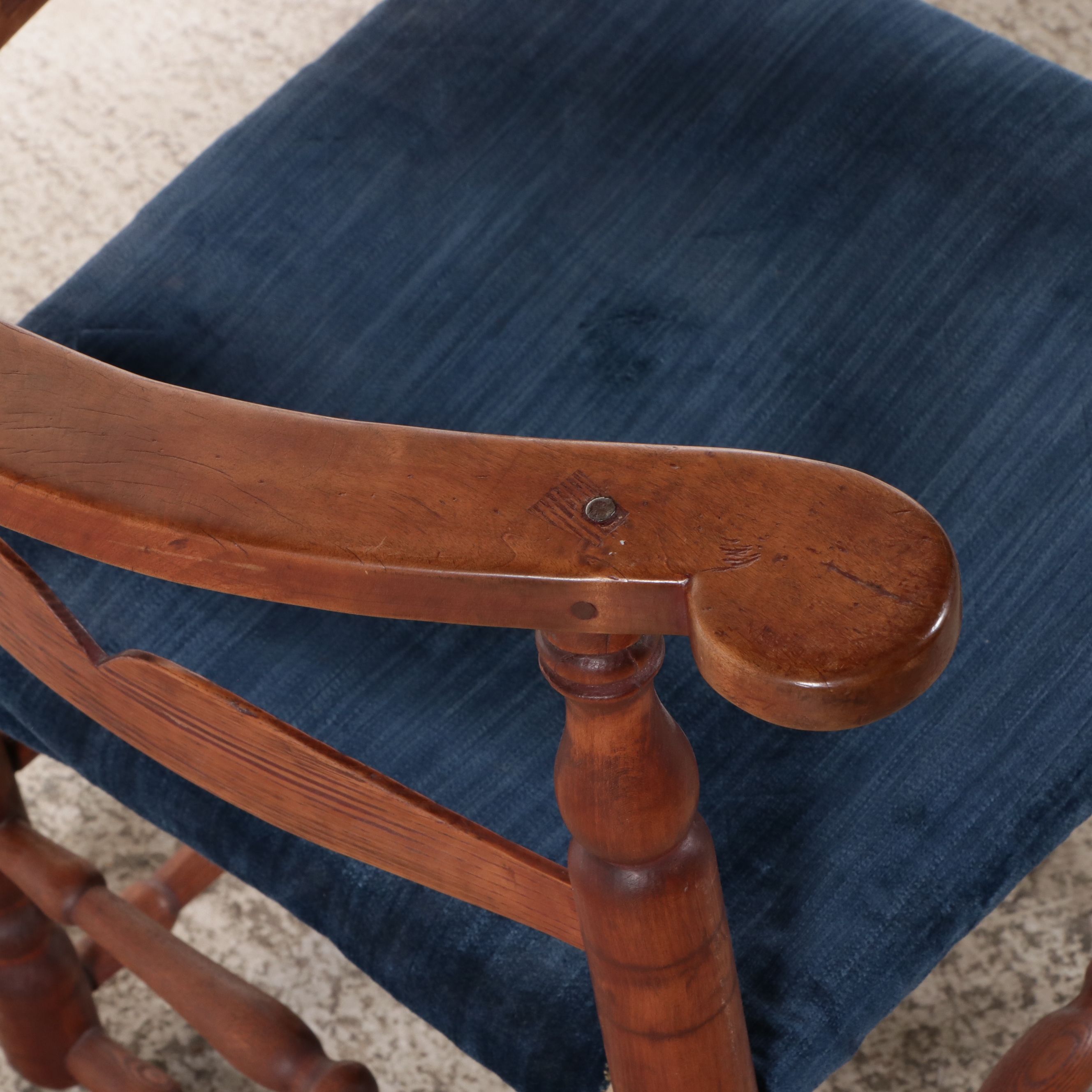 American Colonial Style Upholstered Wood Corner Chair, Late 19th/ Early 20th C.