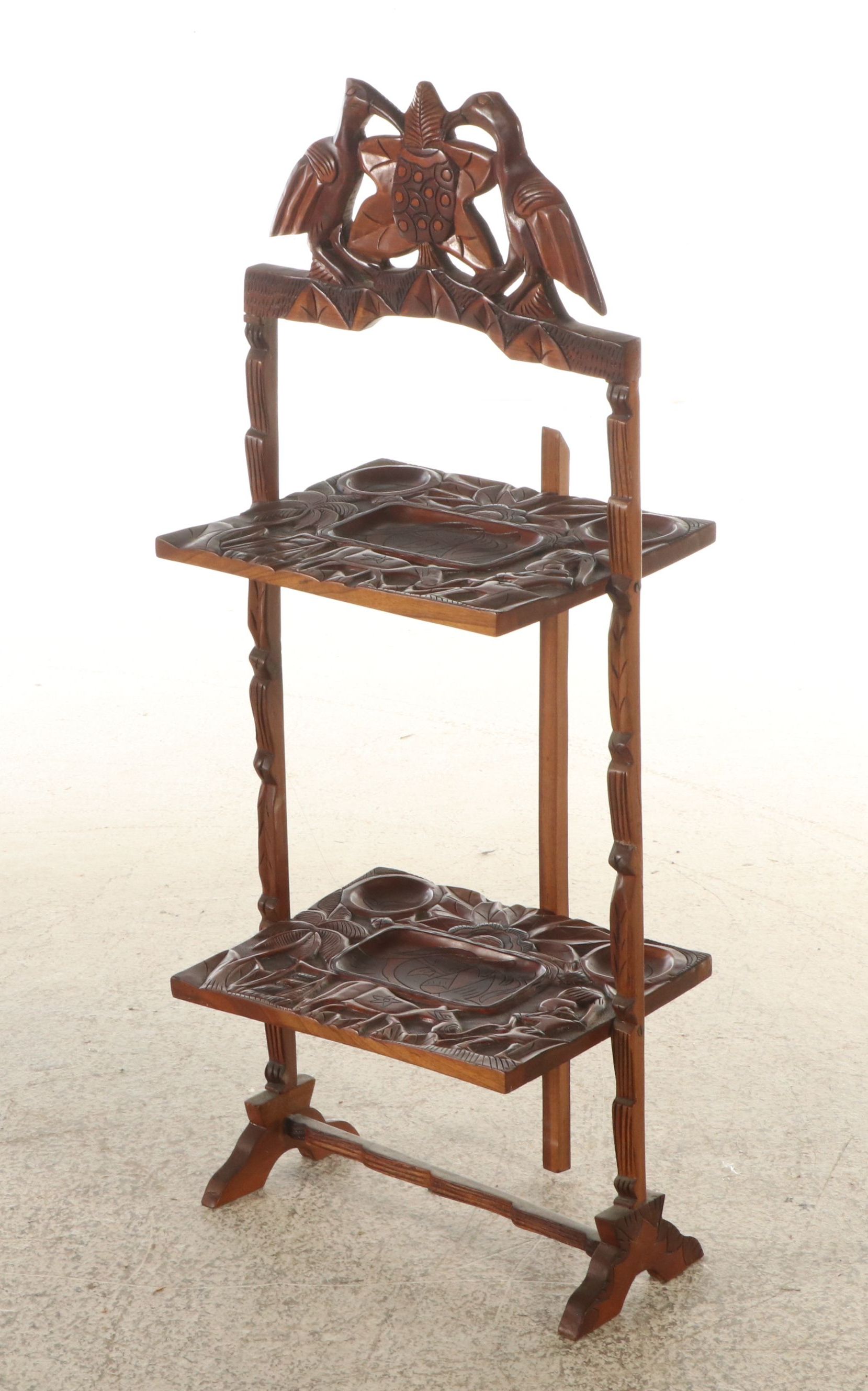 Carved Wooden Two-Tiered Folding Dumbwaiter