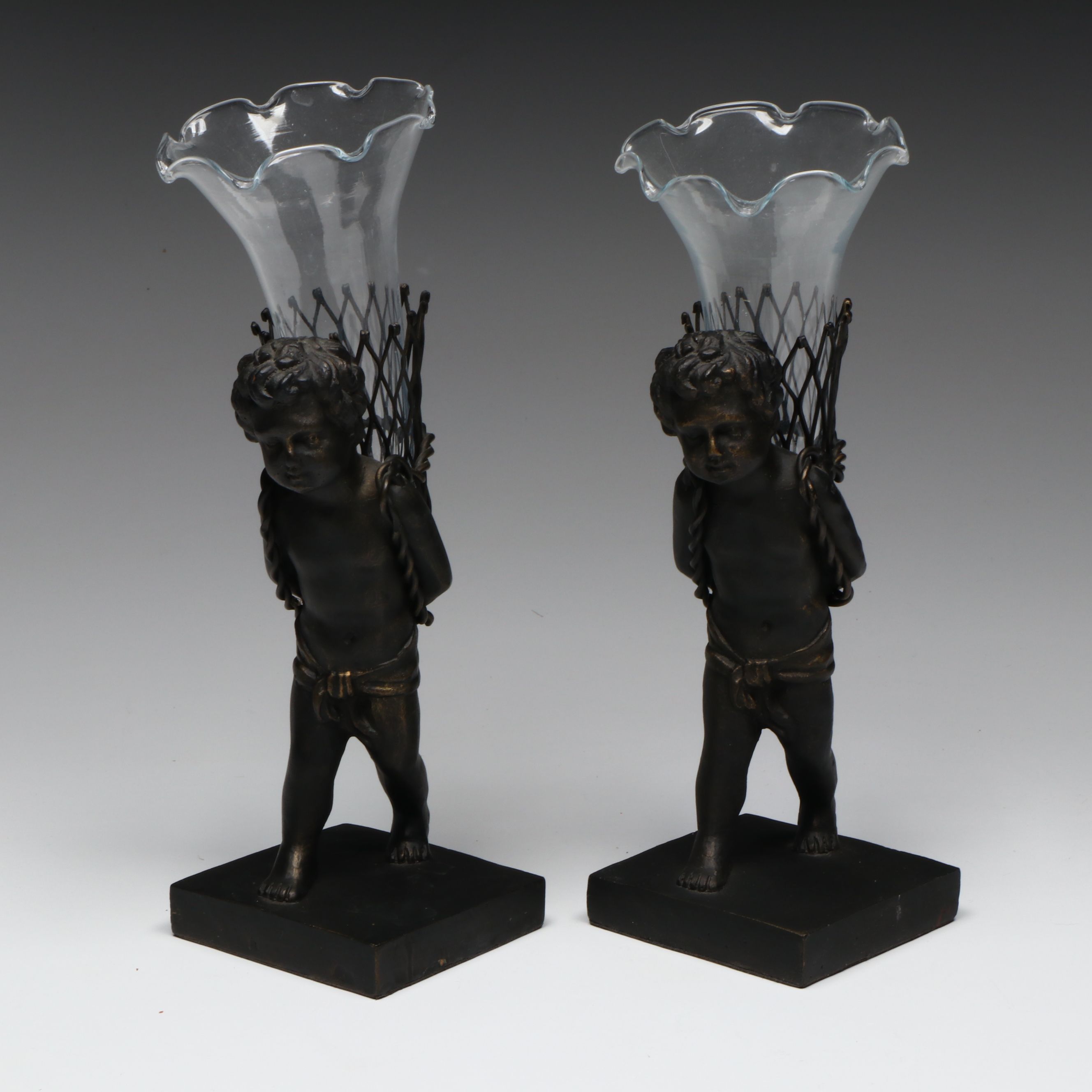 Two's Company and Other Metal and Resin Bronze Finish Putti Figural Bud Vases