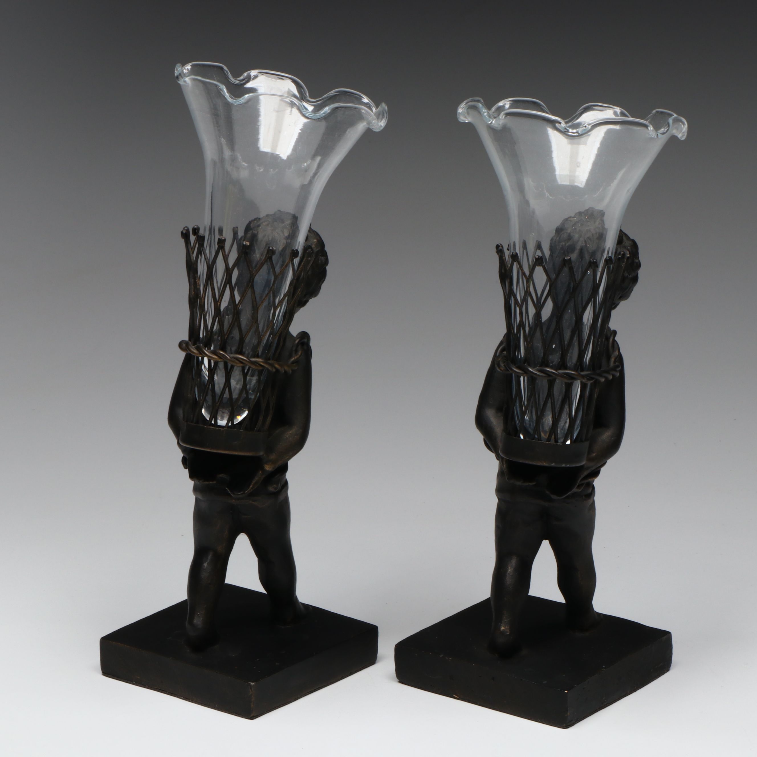 Two's Company and Other Metal and Resin Bronze Finish Putti Figural Bud Vases