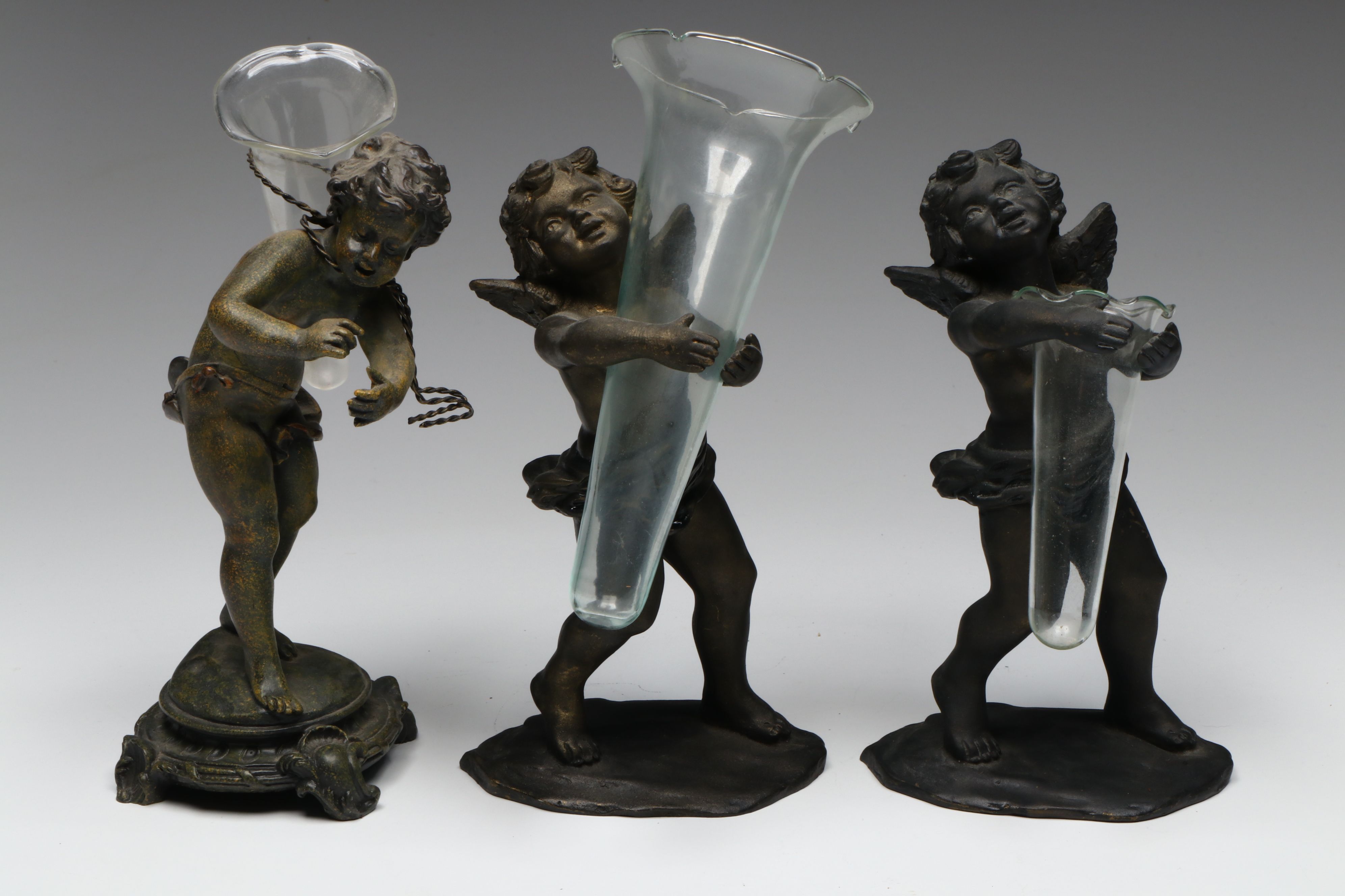 Two's Company and Other Metal and Resin Bronze Finish Putti Figural Bud Vases