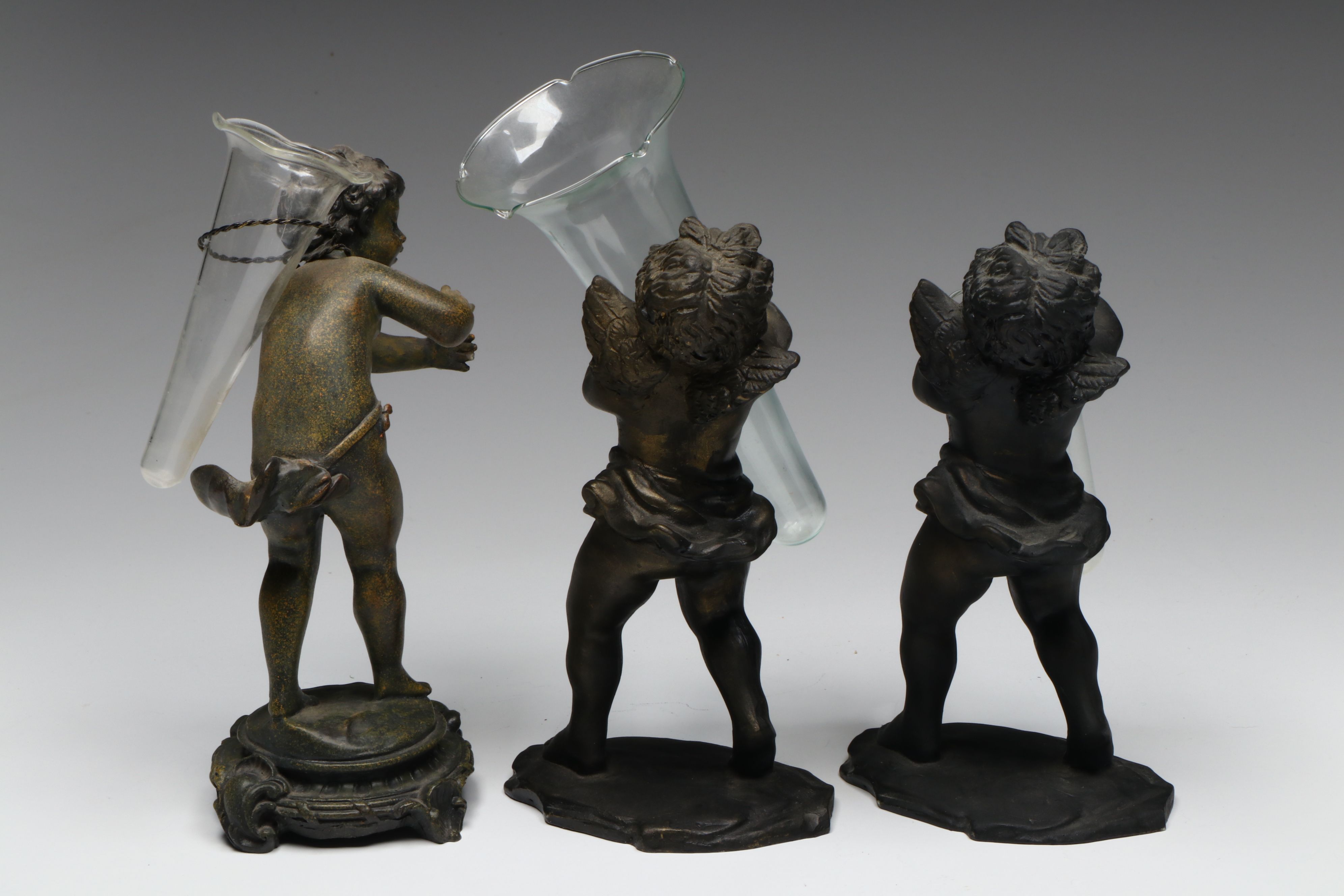 Two's Company and Other Metal and Resin Bronze Finish Putti Figural Bud Vases