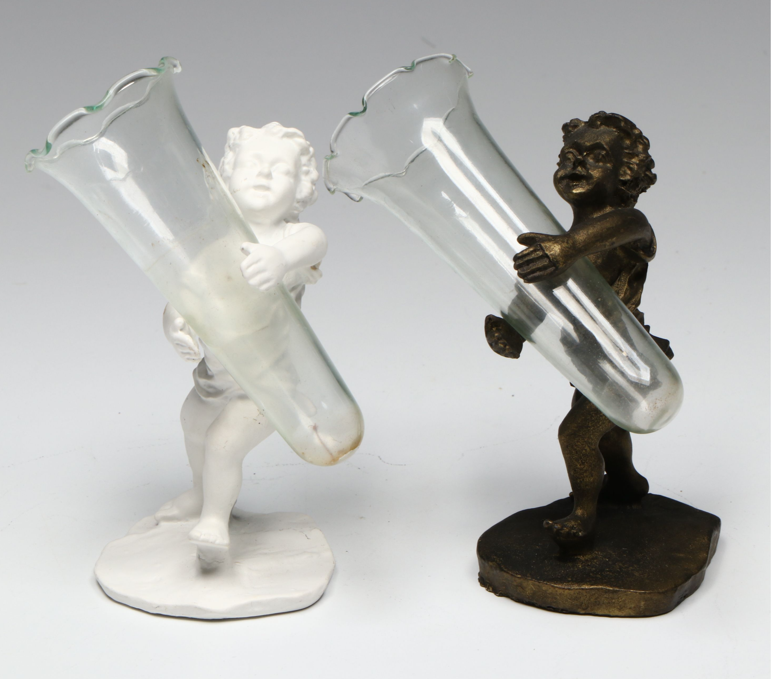 Two's Company and Other Metal and Resin Bronze Finish Putti Figural Bud Vases