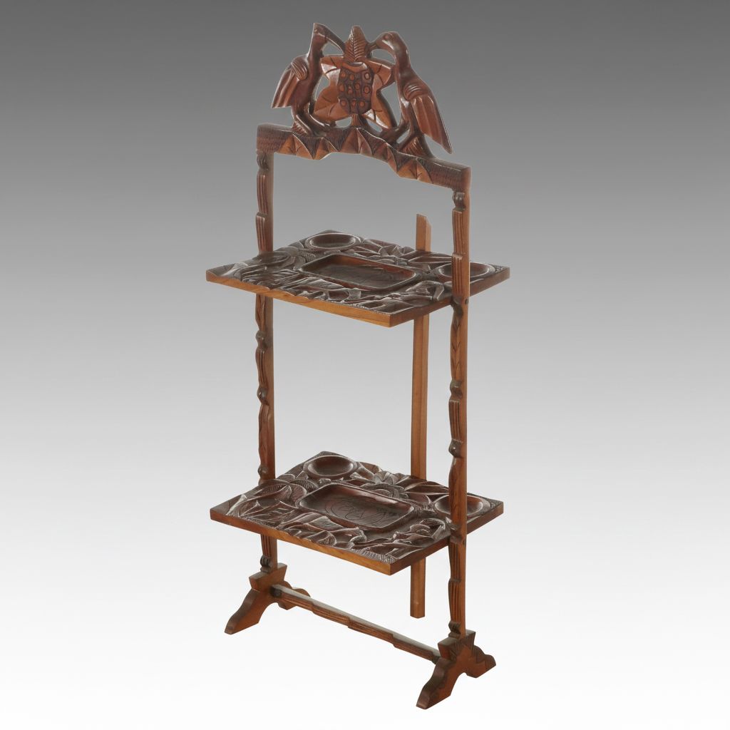 Carved Wooden Two-Tiered Folding Dumbwaiter