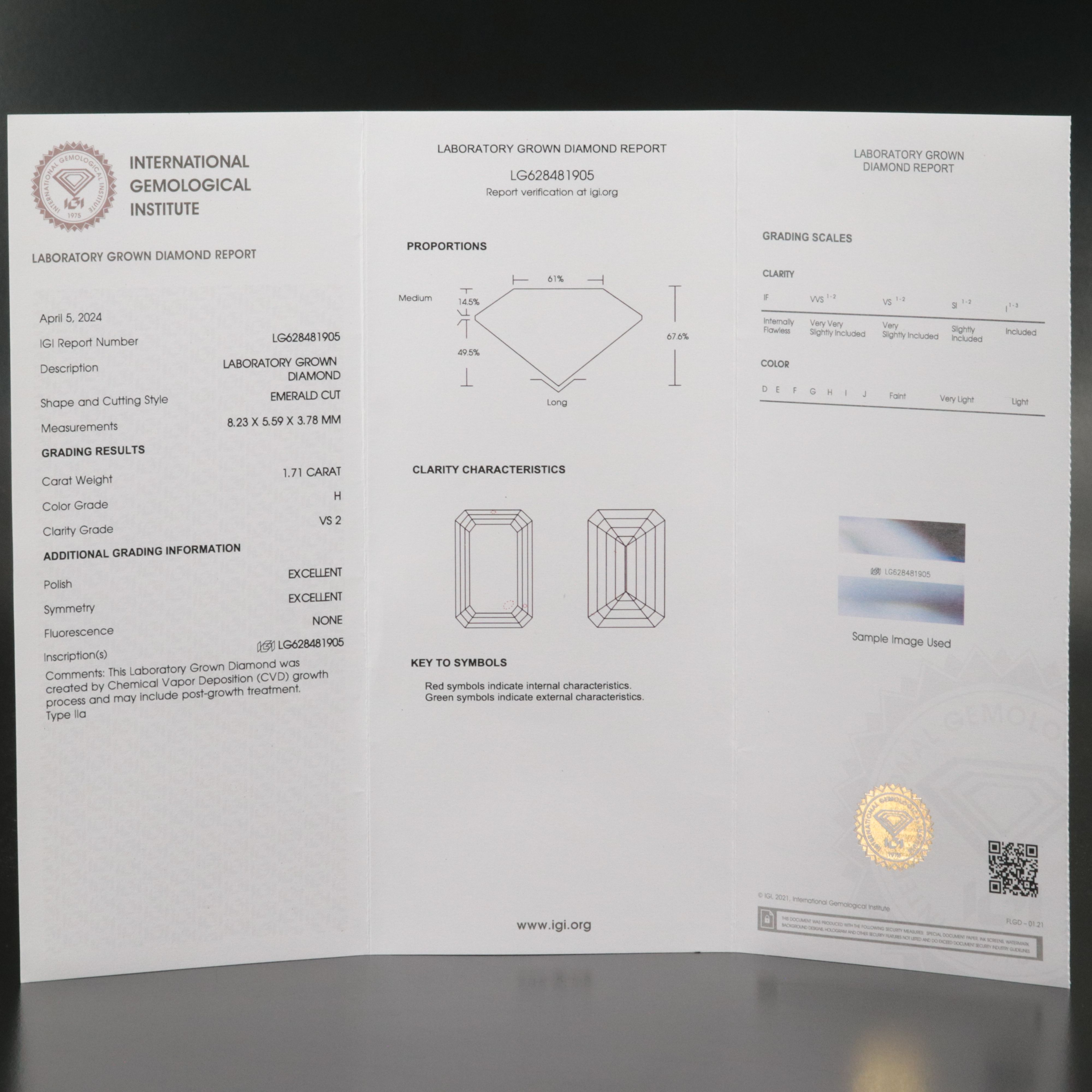 Loose 1.71 CT Lab Grown Diamond with IGI Report