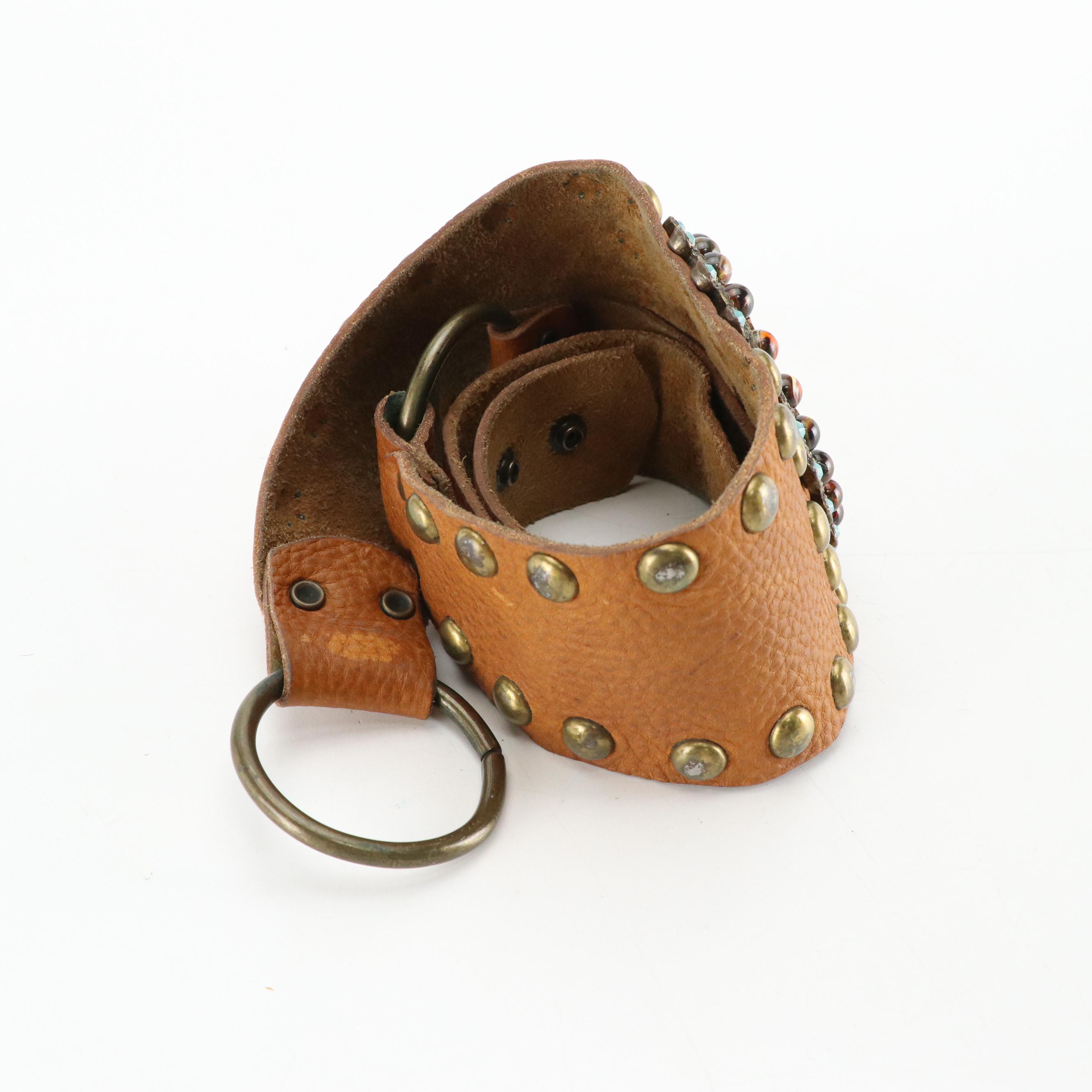 Leatherock Studded Leather Belt with Oval Mosaic Gemstone Accent