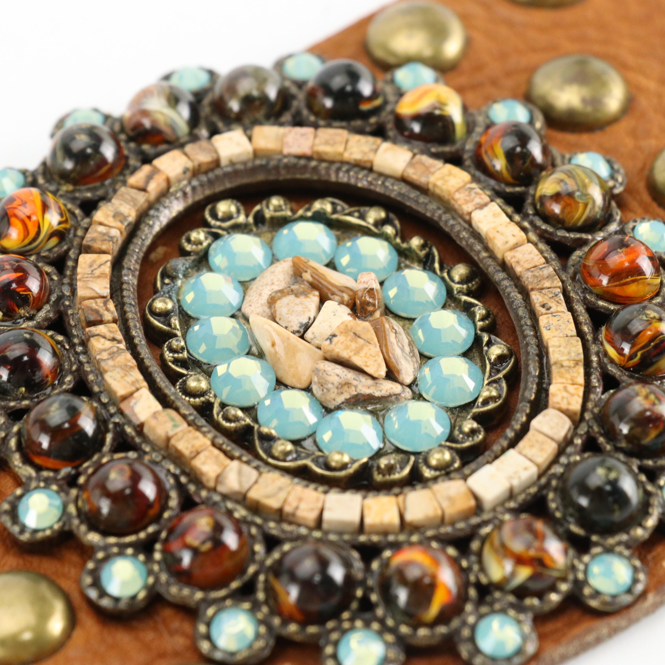 Leatherock Studded Leather Belt with Oval Mosaic Gemstone Accent