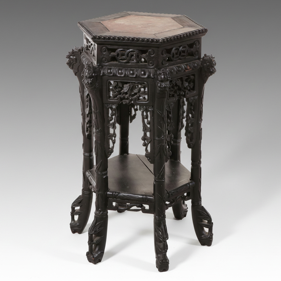 Chinese Carved Hexagonal Plant Stand with Inset Marble Top