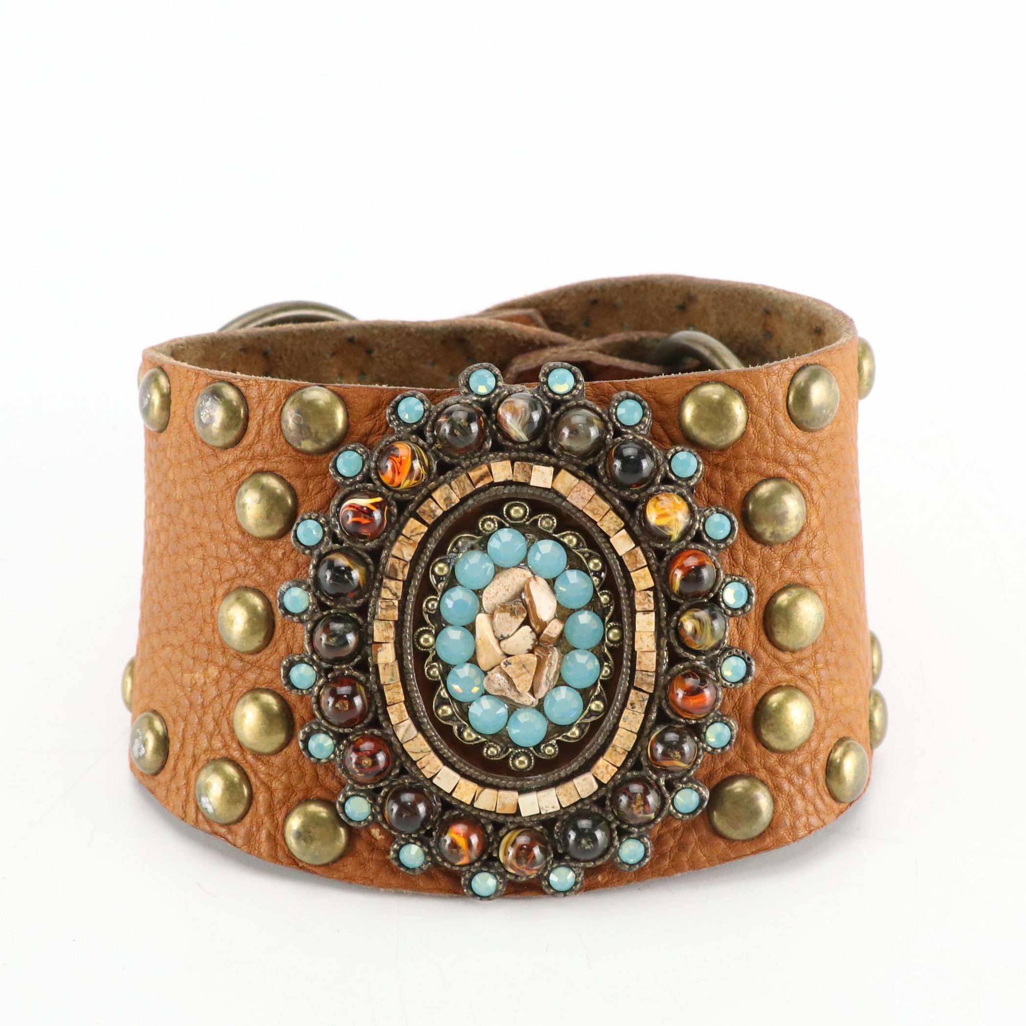 Leatherock Studded Leather Belt with Oval Mosaic Gemstone Accent
