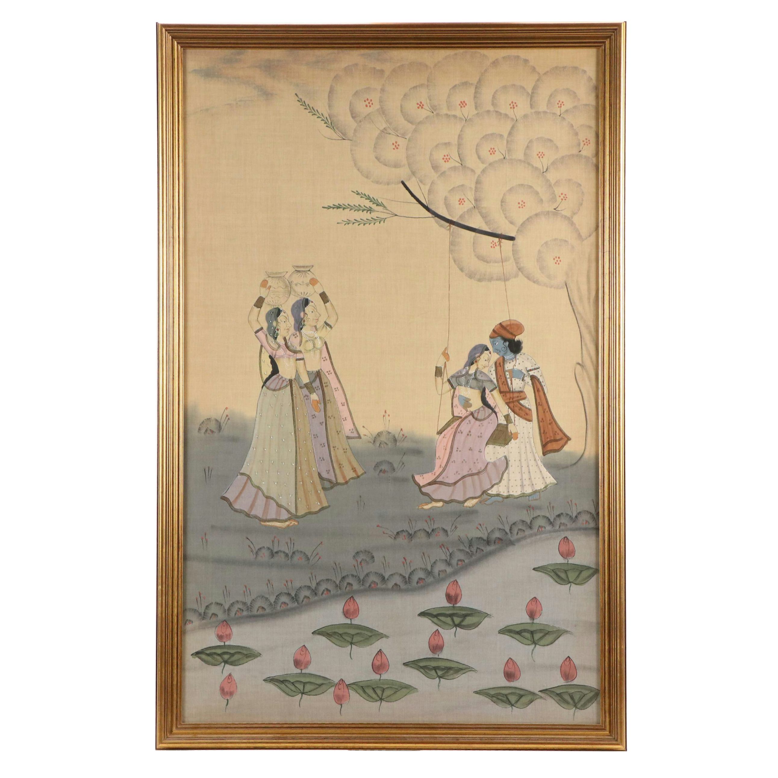 Indian Kishangarh Style Gouache Painting of Krishna and Radha with Attendants